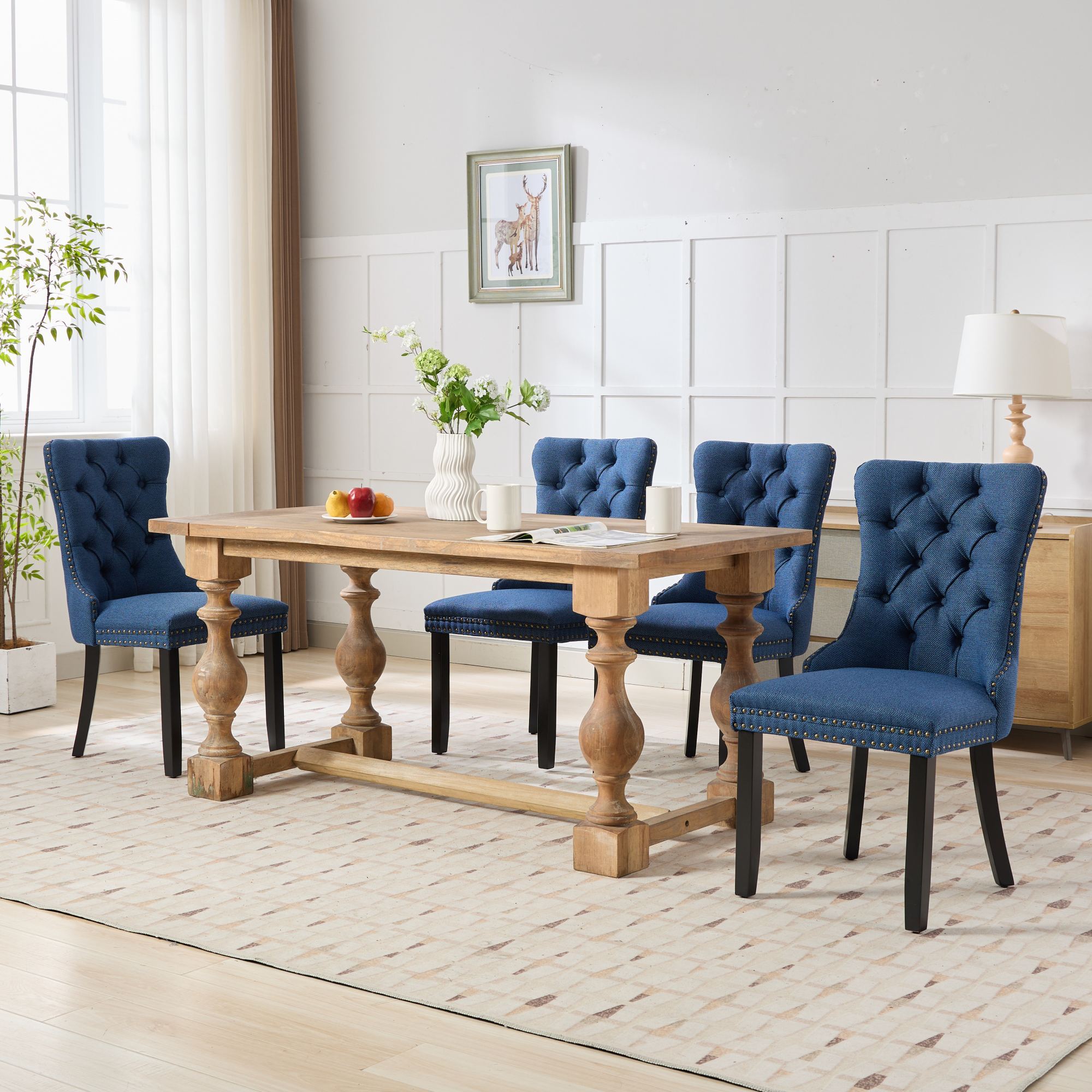 Rosewick Modern Tufted Linen Nailhead Trim Solid Wood Upholstered Dining Chair with Black Legs, Set of 2