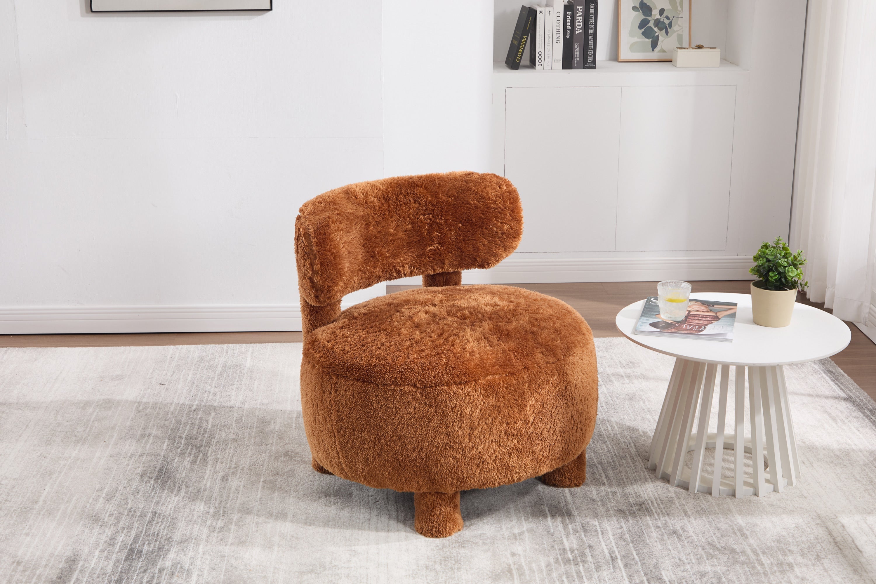 Fuzzy Armless Accent Chair with Curved Backrest and Solid Wooden Legs