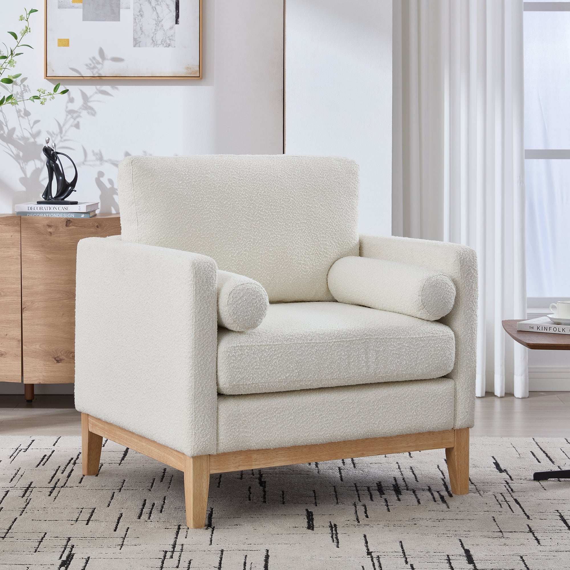 Wide Modern Farmhouse Performance Boucle Accent Chair with Natural Wood Legs and Two Bolster Pillows