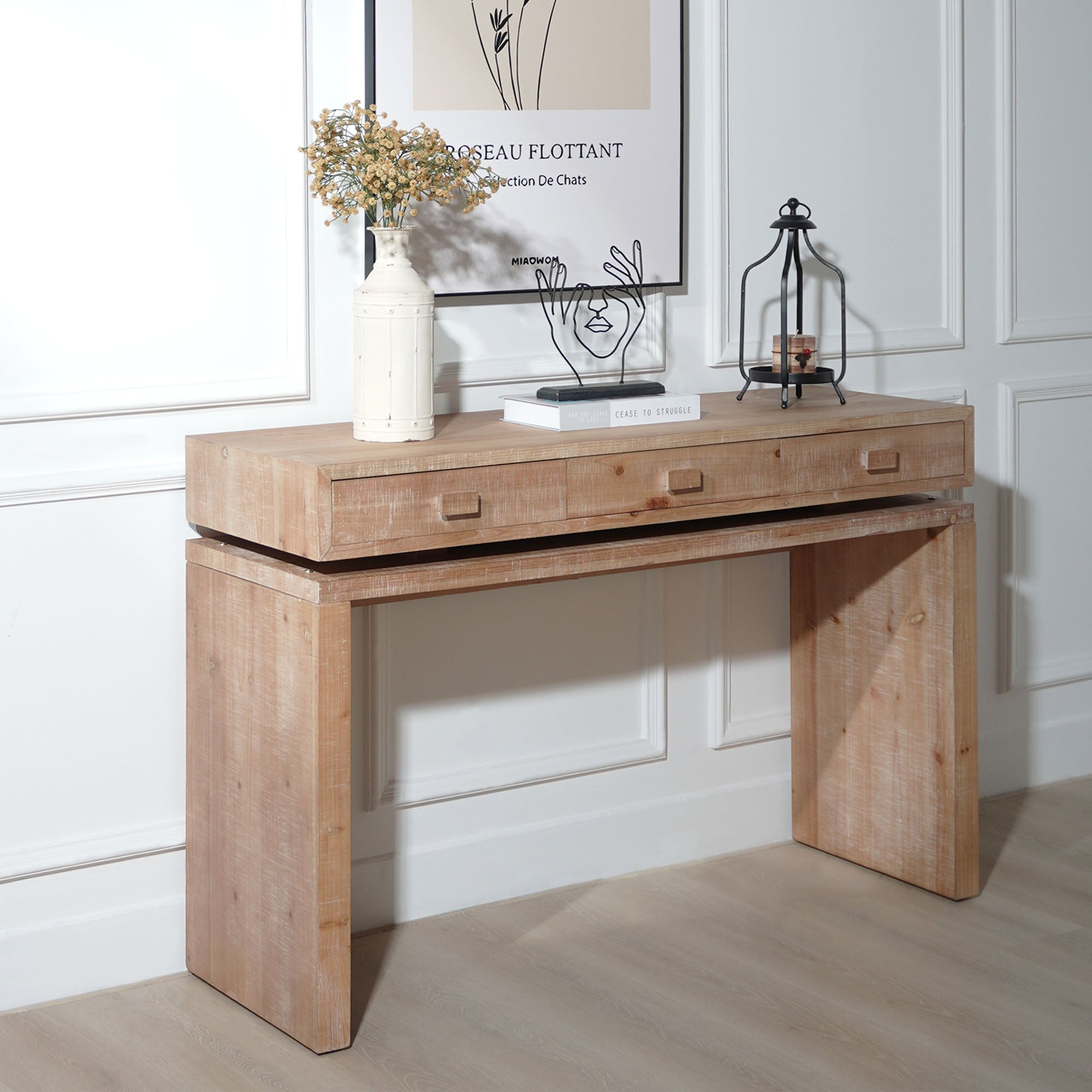 Rustic Natural & Light Brown Finish Wood Console Table with 3 Drawers