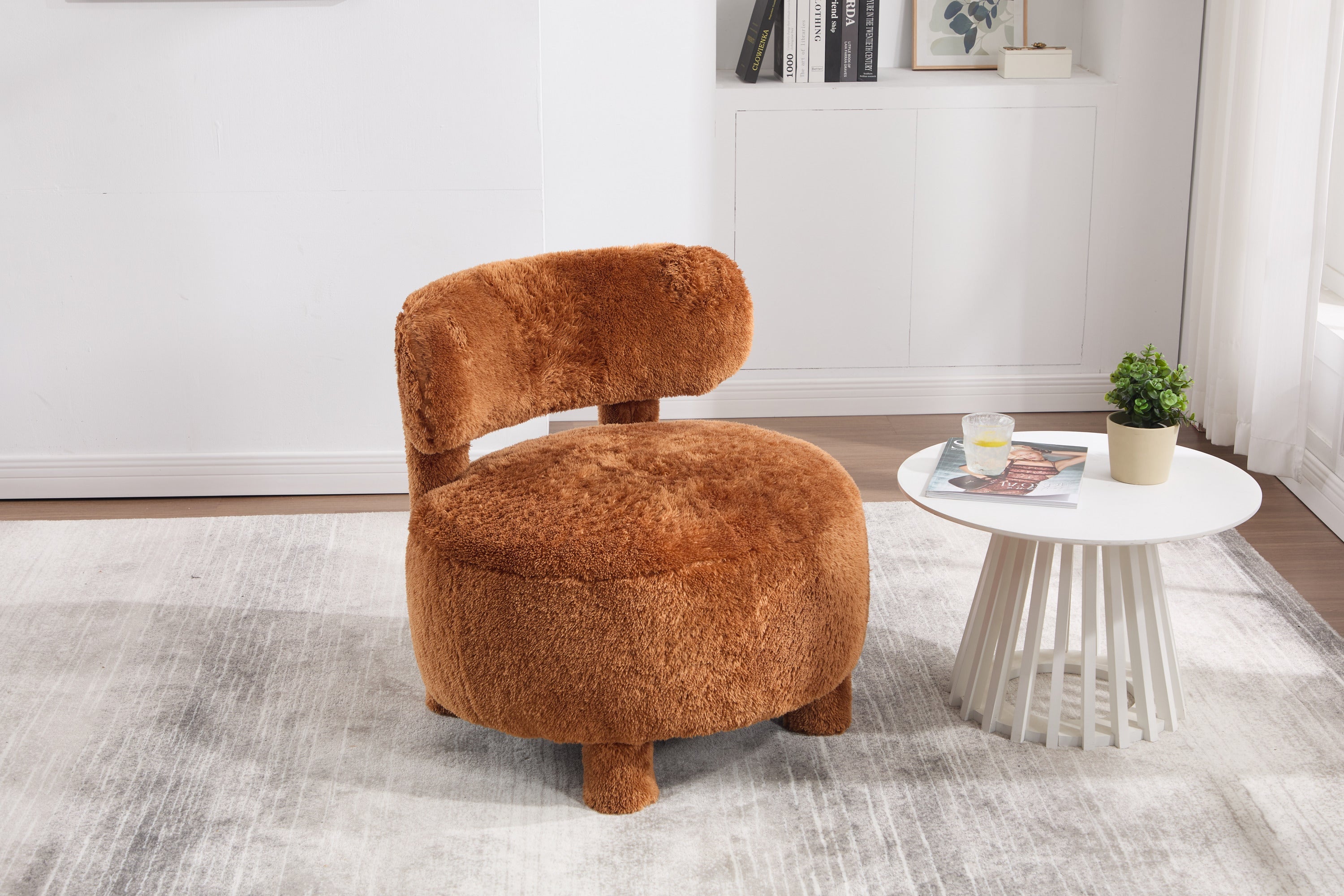 Fuzzy Armless Accent Chair with Curved Backrest and Solid Wooden Legs