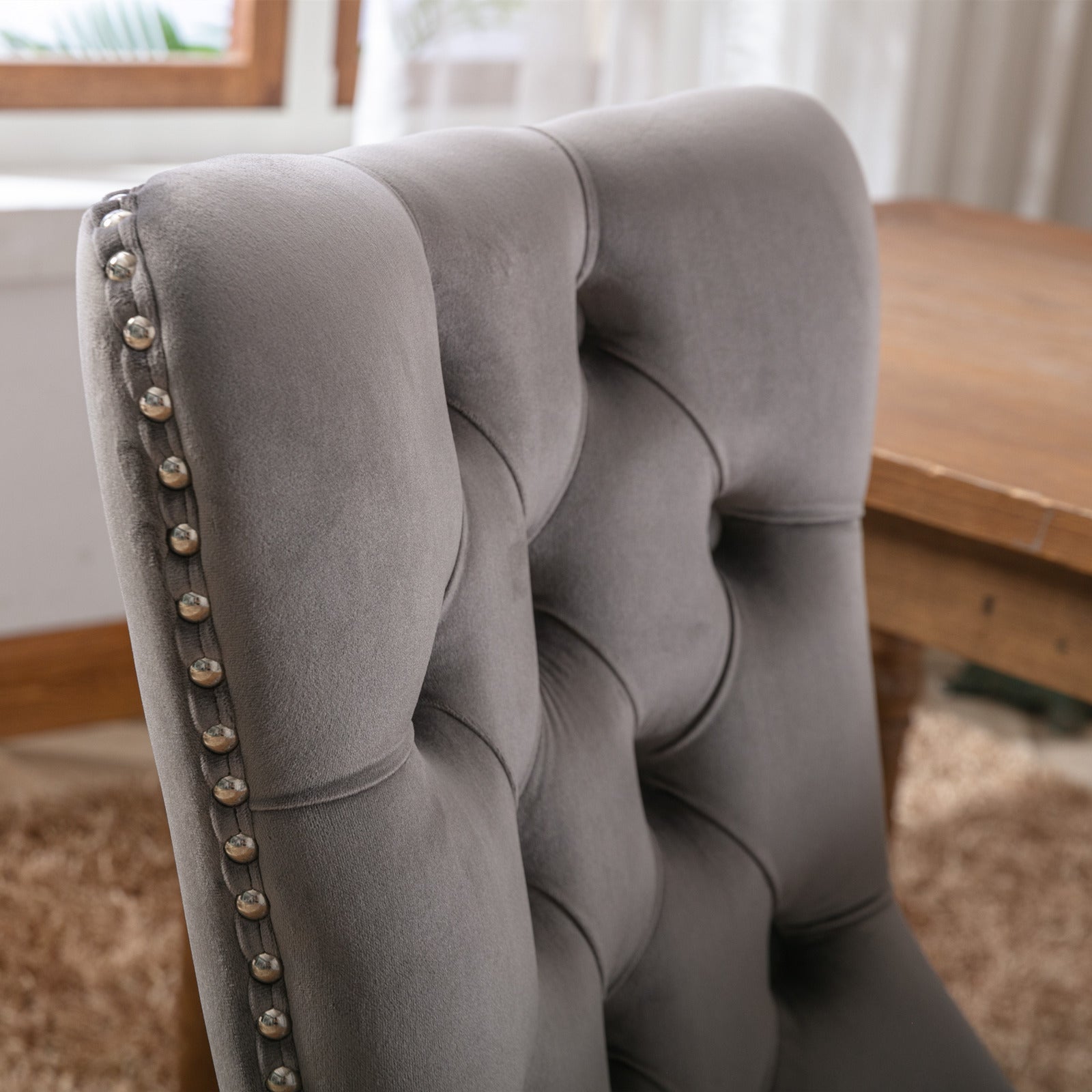 Rosewick Modern Tufted Velvet Nailhead Trim Solid Wood Upholstered Dining Chair with Wood Legs, Set of 2