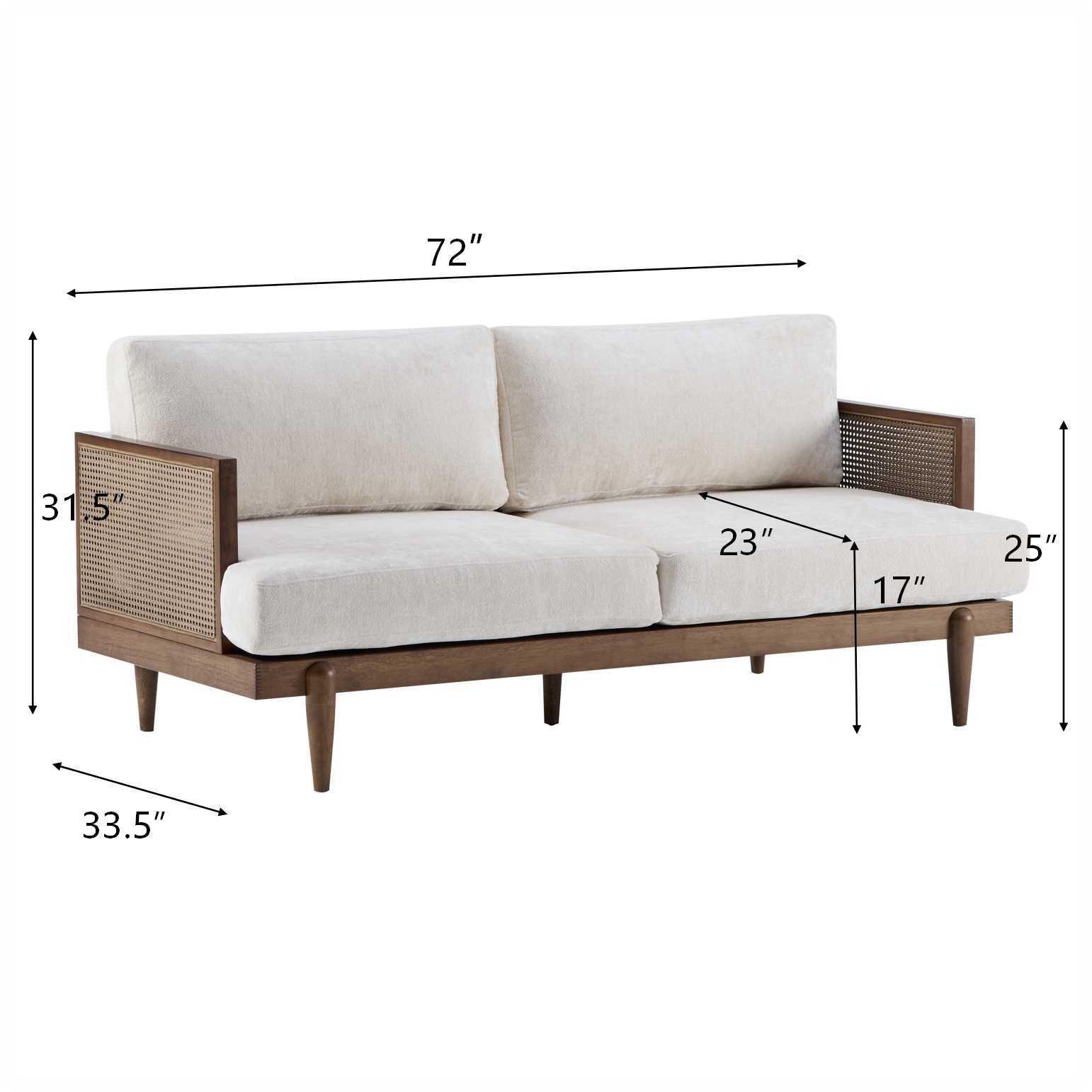 Square Arm 3-Seater Sofa with Cane Rattan and Wooden Frame