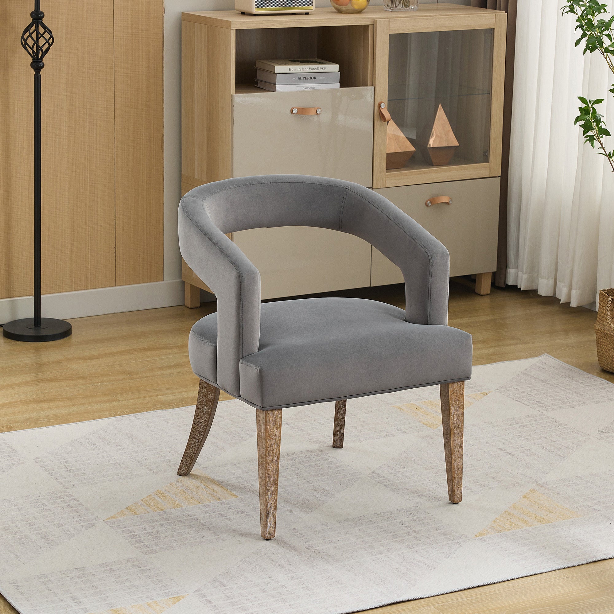 Velvet Open Back Barrel Upholstered Accent Chair with Weathered Solid Wood Legs