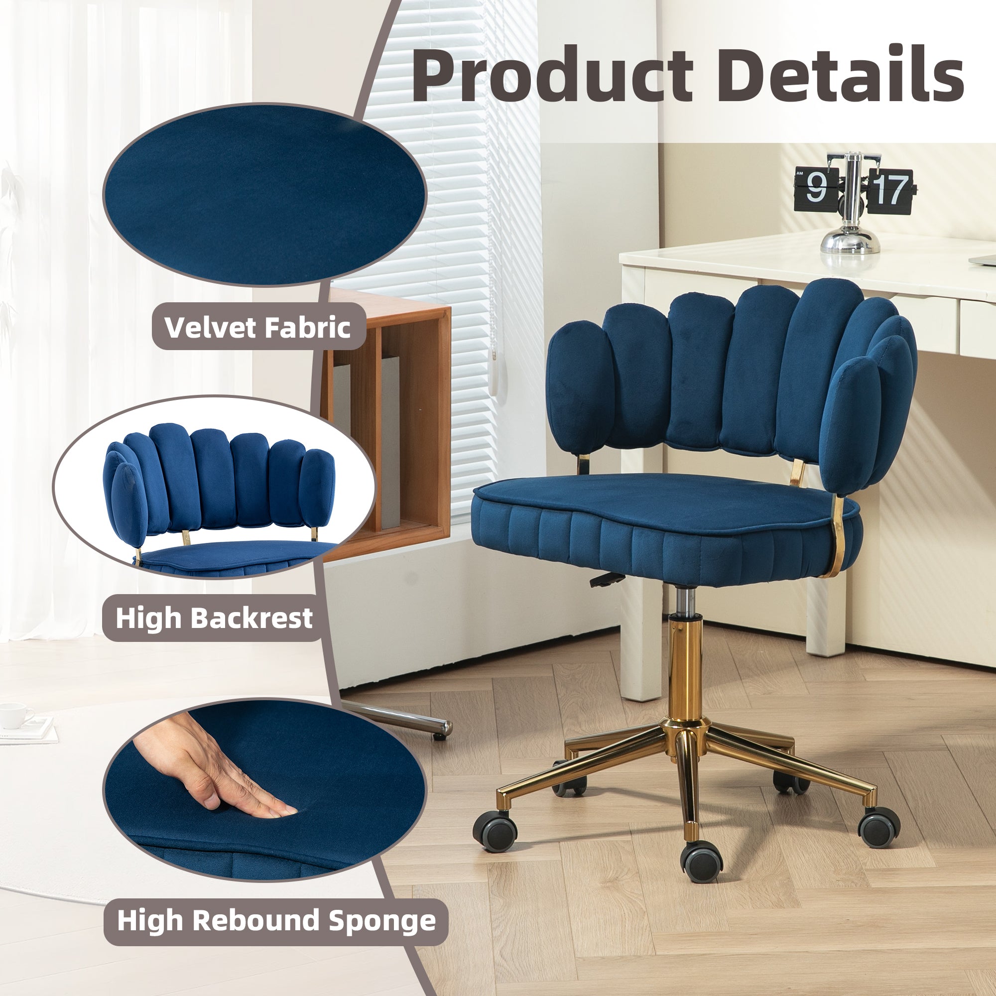 Modern Velvet Home Office Desk Chair with Adjustable Height and Swivel Wheels