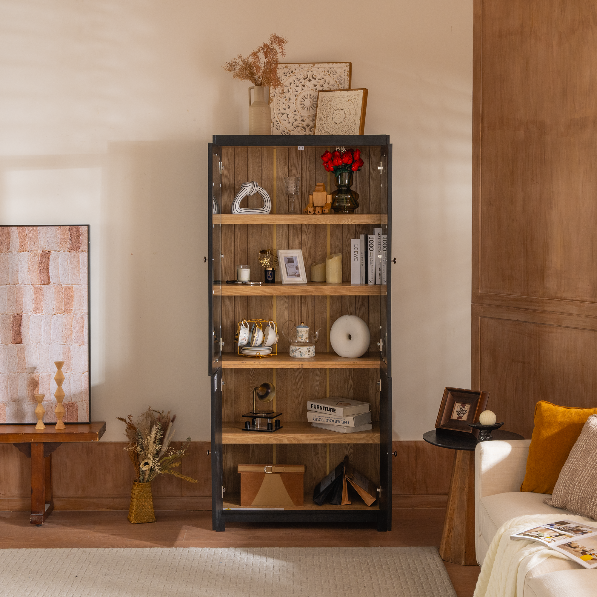 Mid-Century Modern Style Tall Display Cabinet with Glass Doors