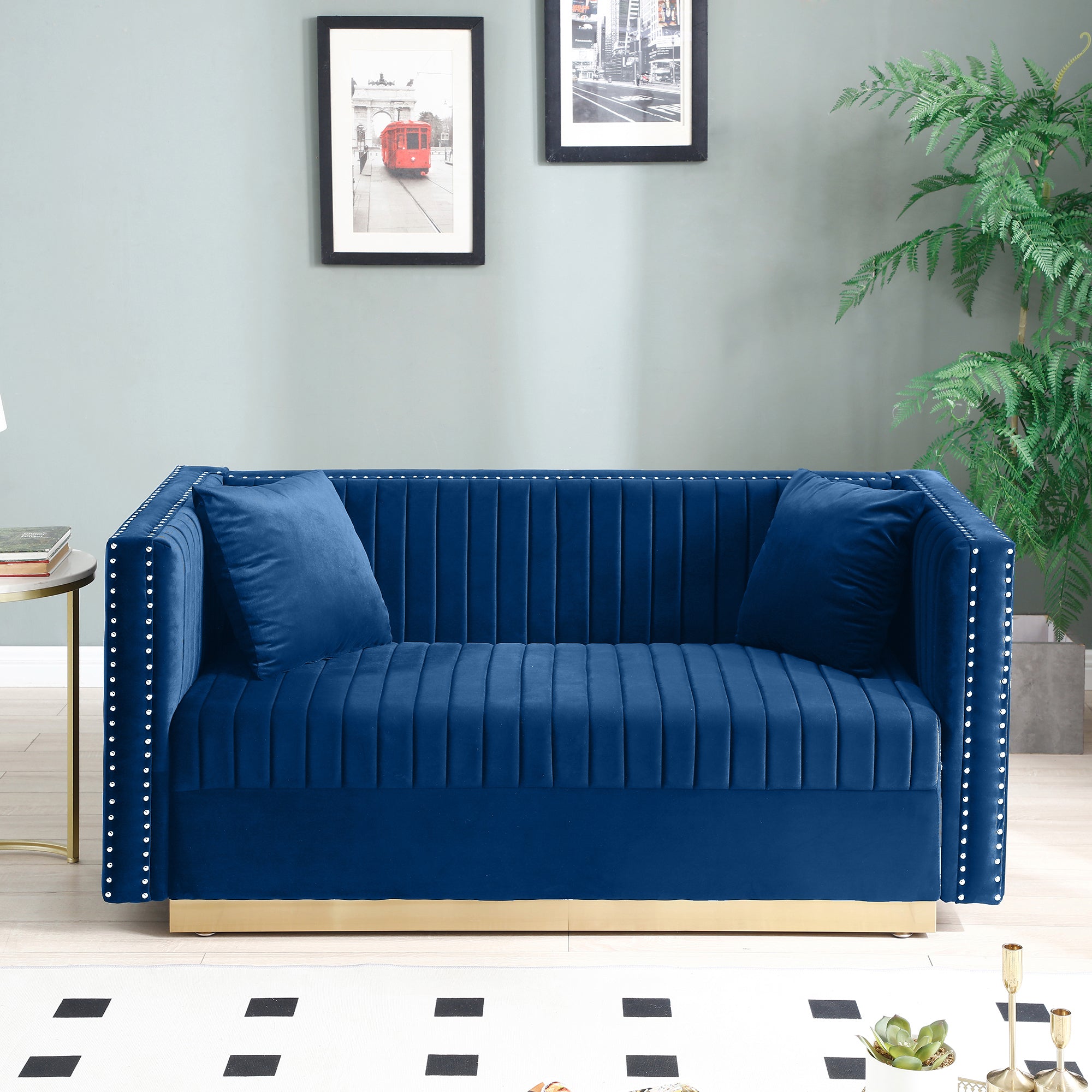 Contemporary Vertical Channel Tufted Velvet Loveseat Sofa