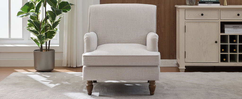 Benton Upholstered Linen Fabric Armchair with Antique Solid Wood Legs