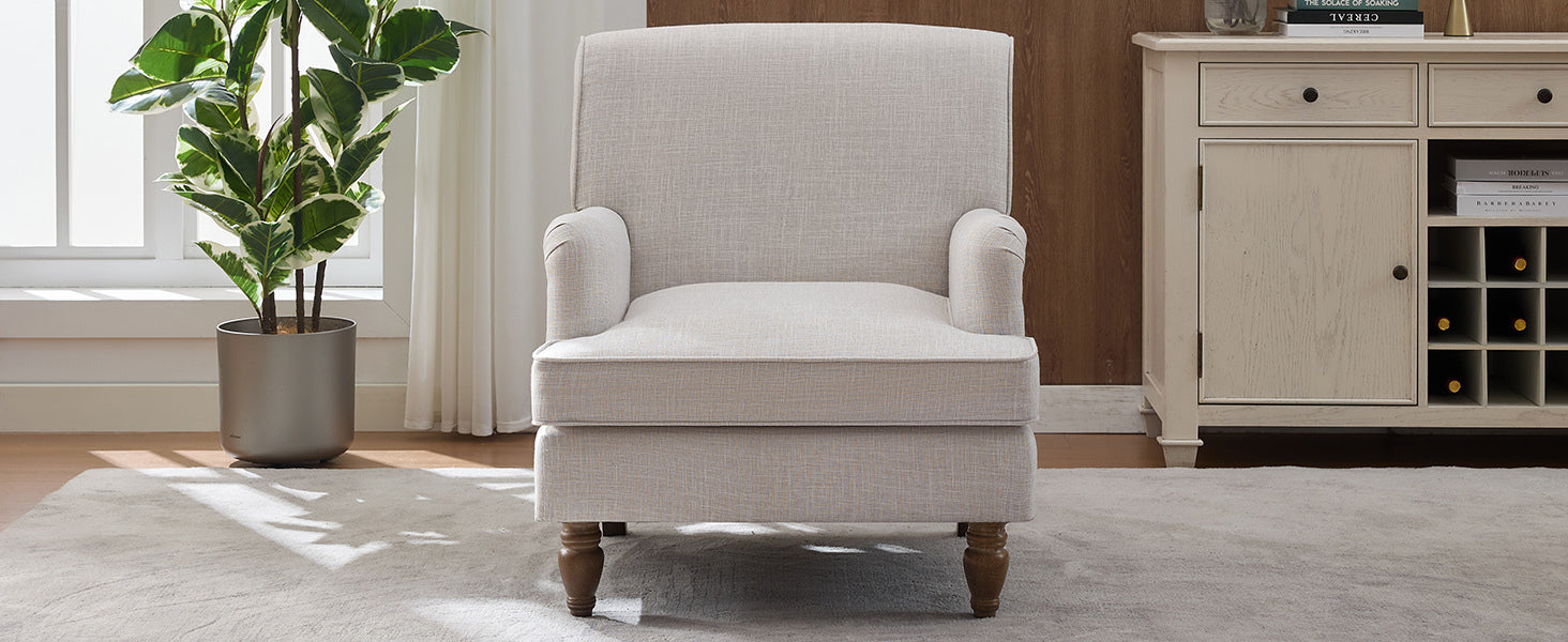 Benton Upholstered Linen Fabric Armchair with Antique Solid Wood Legs