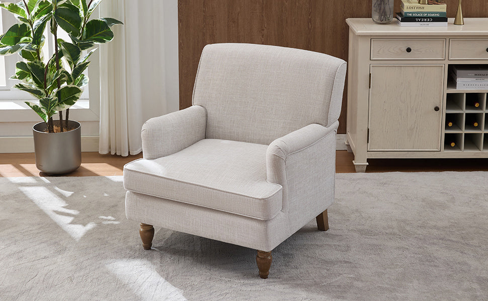 Benton Upholstered Linen Fabric Armchair with Antique Solid Wood Legs
