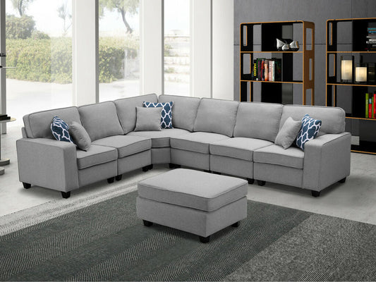 1352-Casanova Canapé sectionnel modulaire en L 7 pièces en lin 124W avec pouf