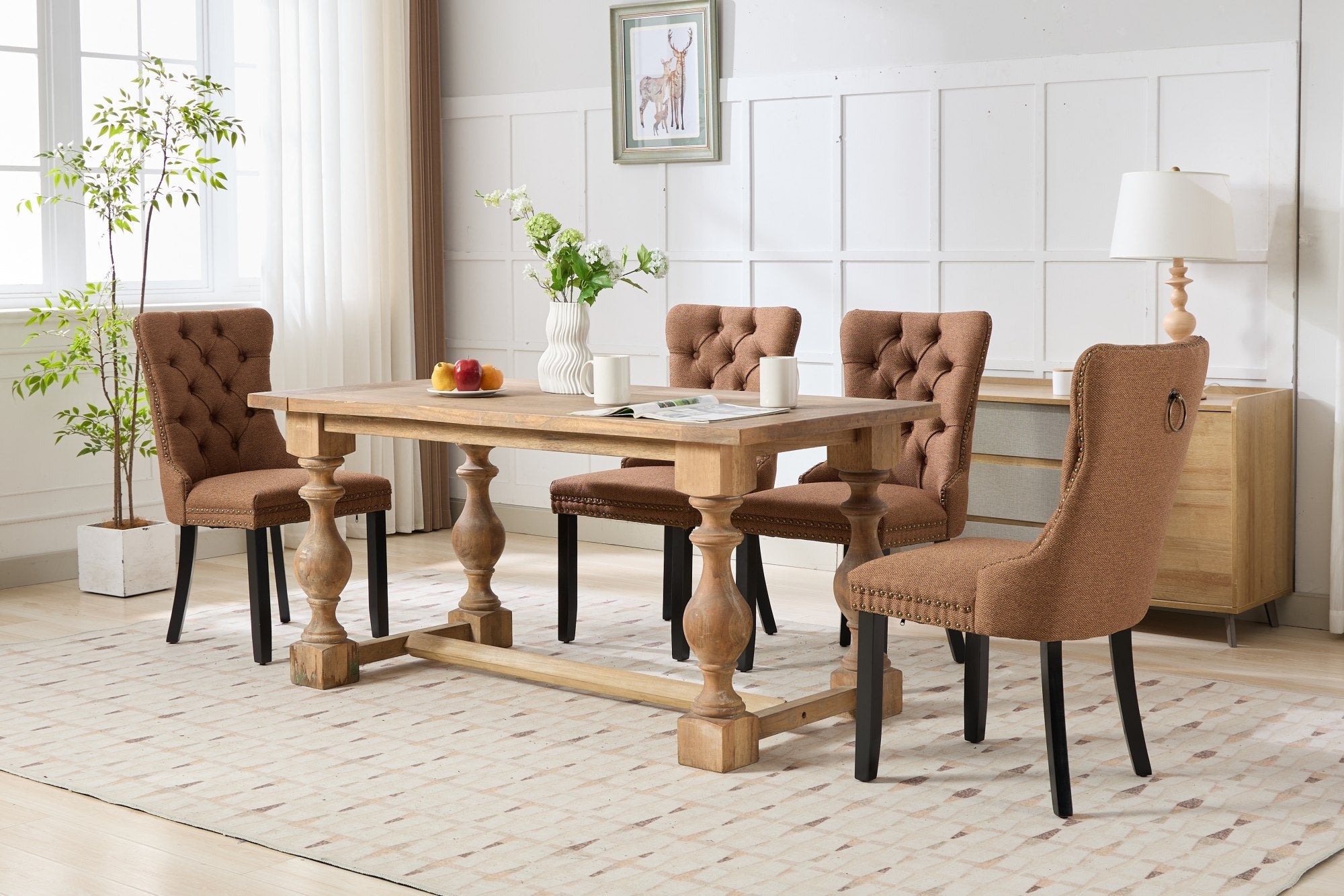 Rosewick Modern Tufted Linen Nailhead Trim Solid Wood Upholstered Dining Chair with Black Legs, Set of 2