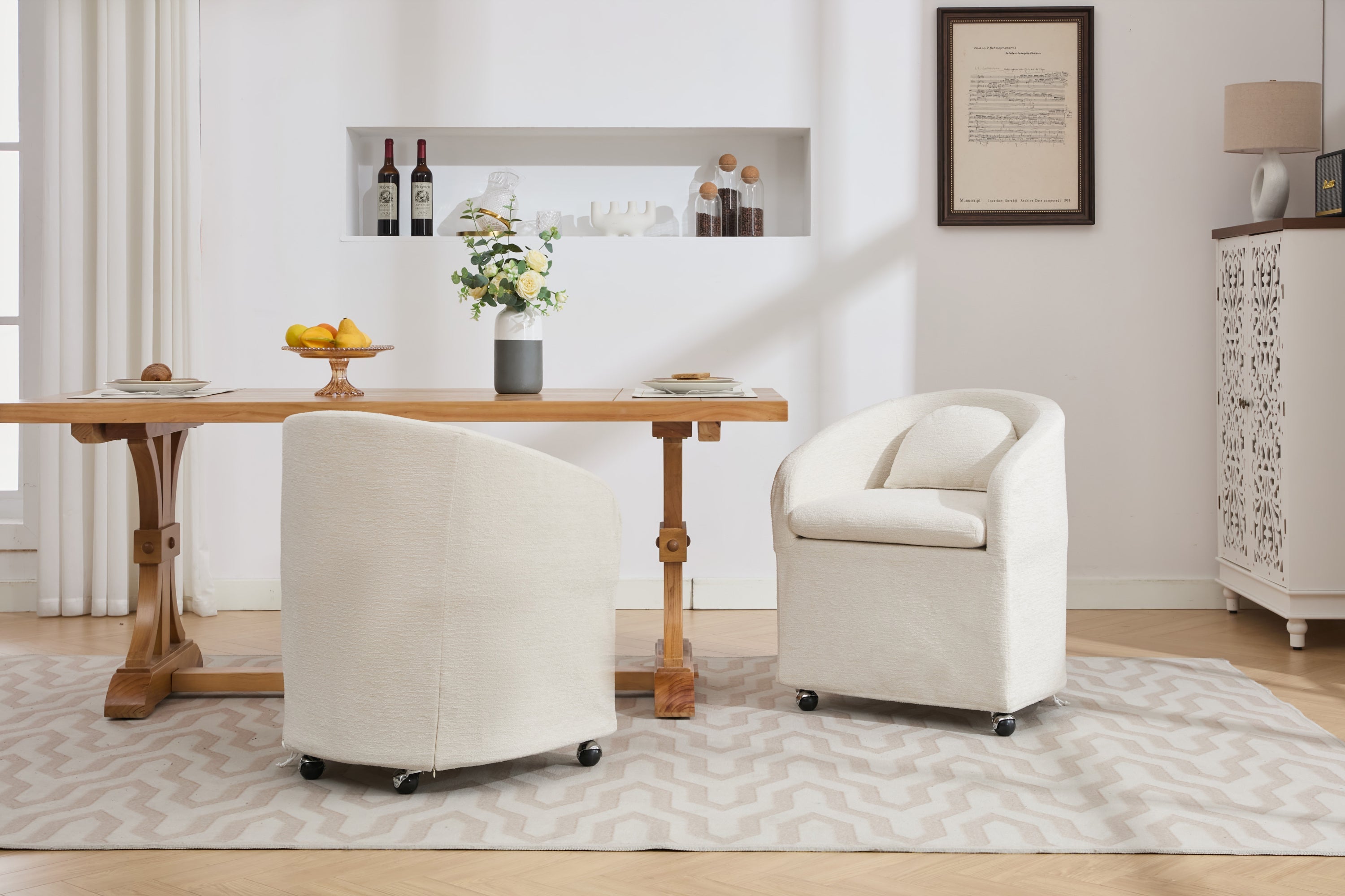 Cheswick Chenille Upholstered Dining Arm Chair With Back Cushion and Wheels