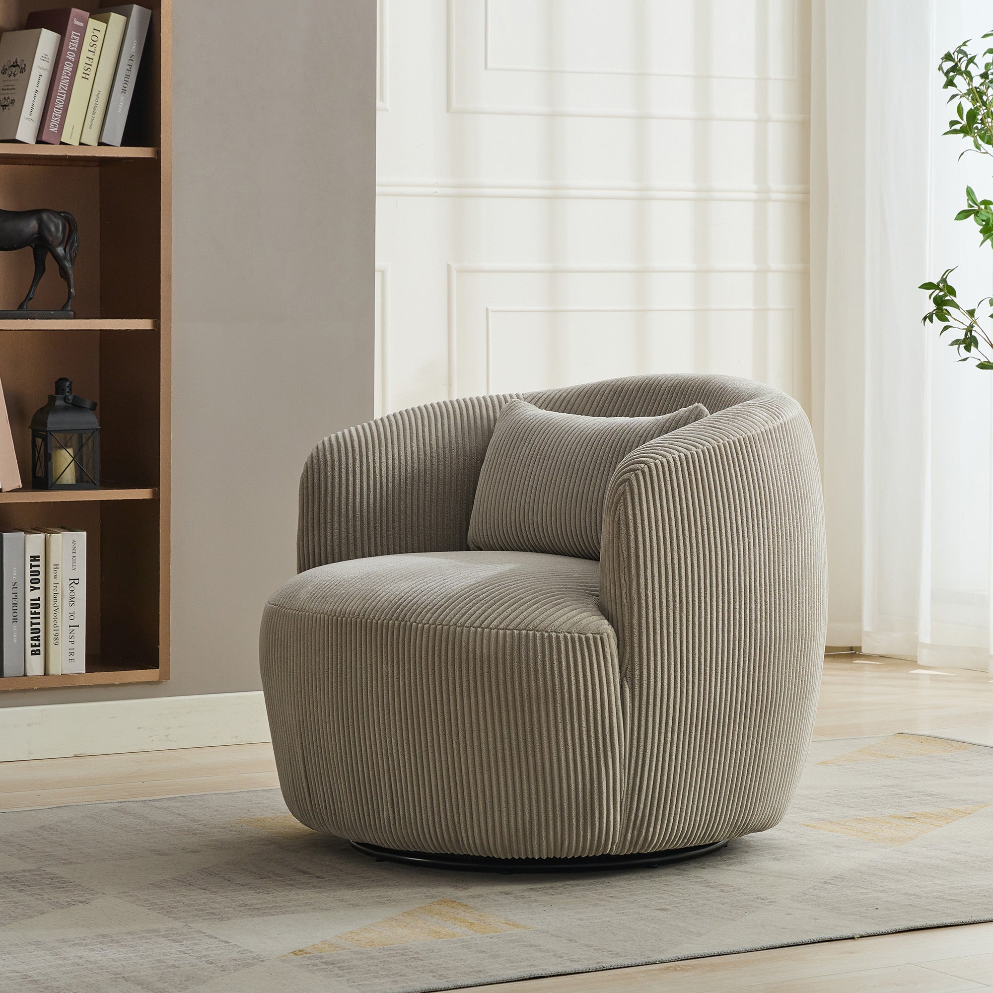 Wide Upholstered Corduroy 360° Swivel Barrel Soft Accent Chair with Pillow