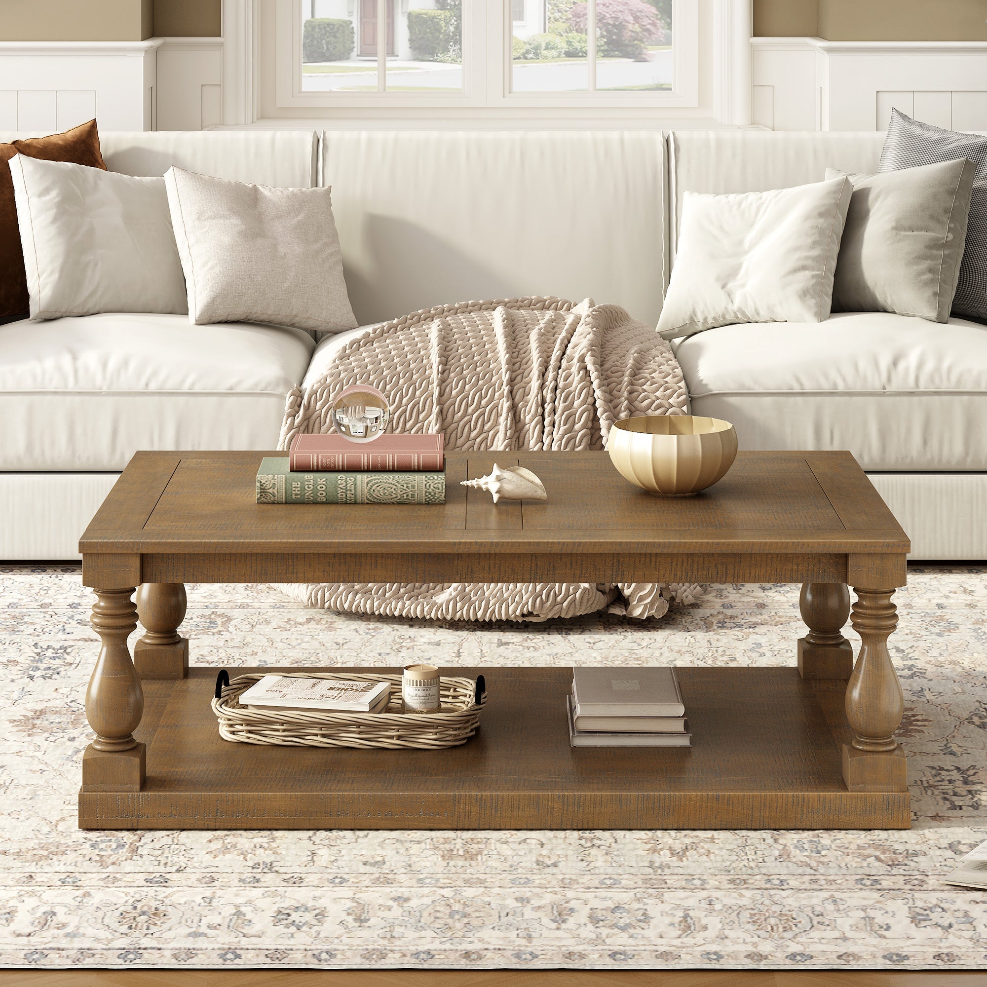 Farmhouse Turned-Leg Coffee Table with Bottom Shelf