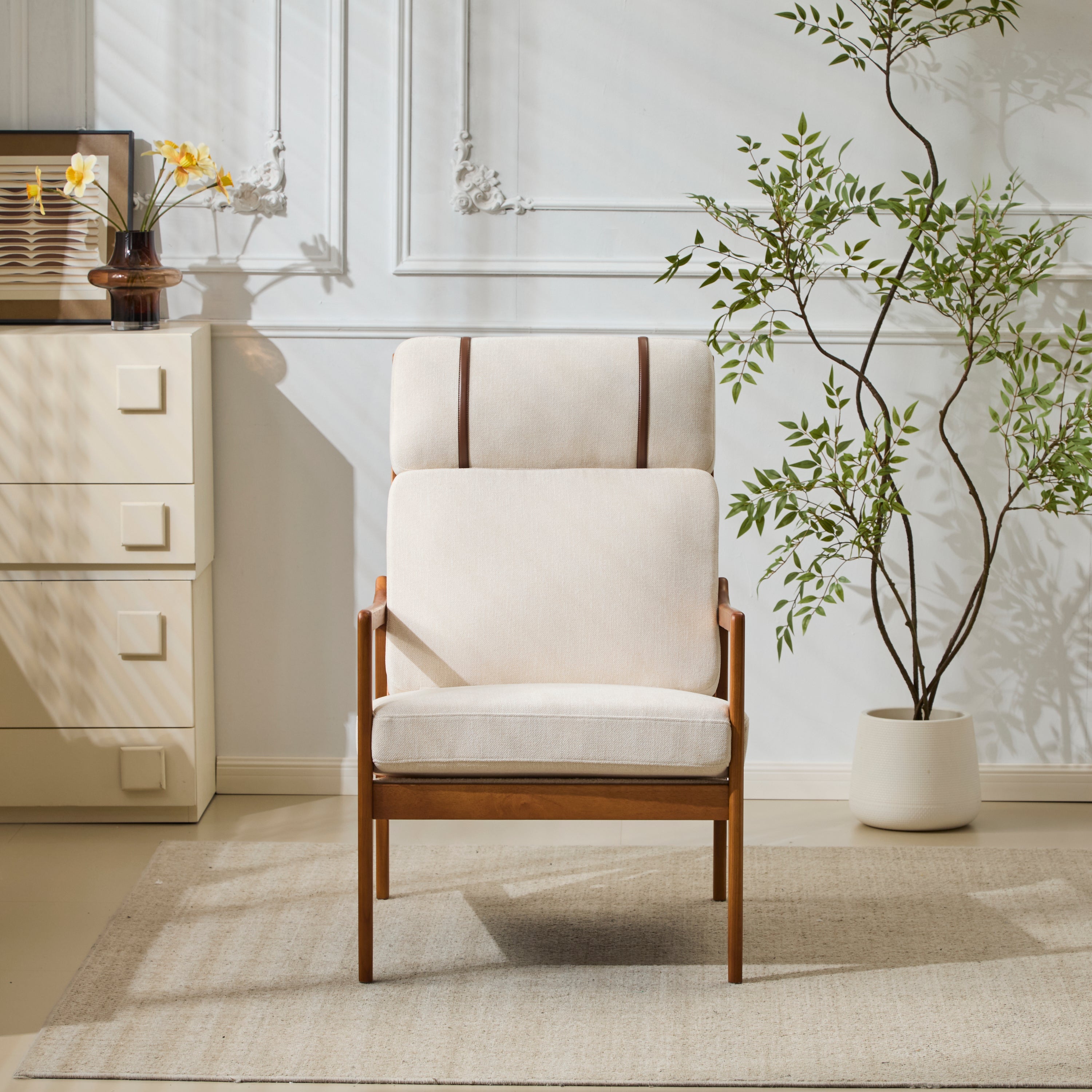 Birchmere Mid Century Modern Accent Armchair, Solid Wood Frame with High Back & Upholstered Cushions