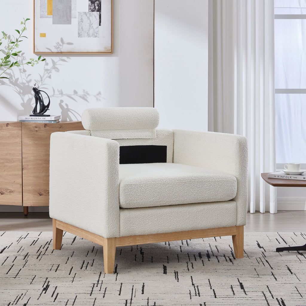 Wide Modern Farmhouse Performance Boucle Accent Chair with Natural Wood Legs and Two Bolster Pillows