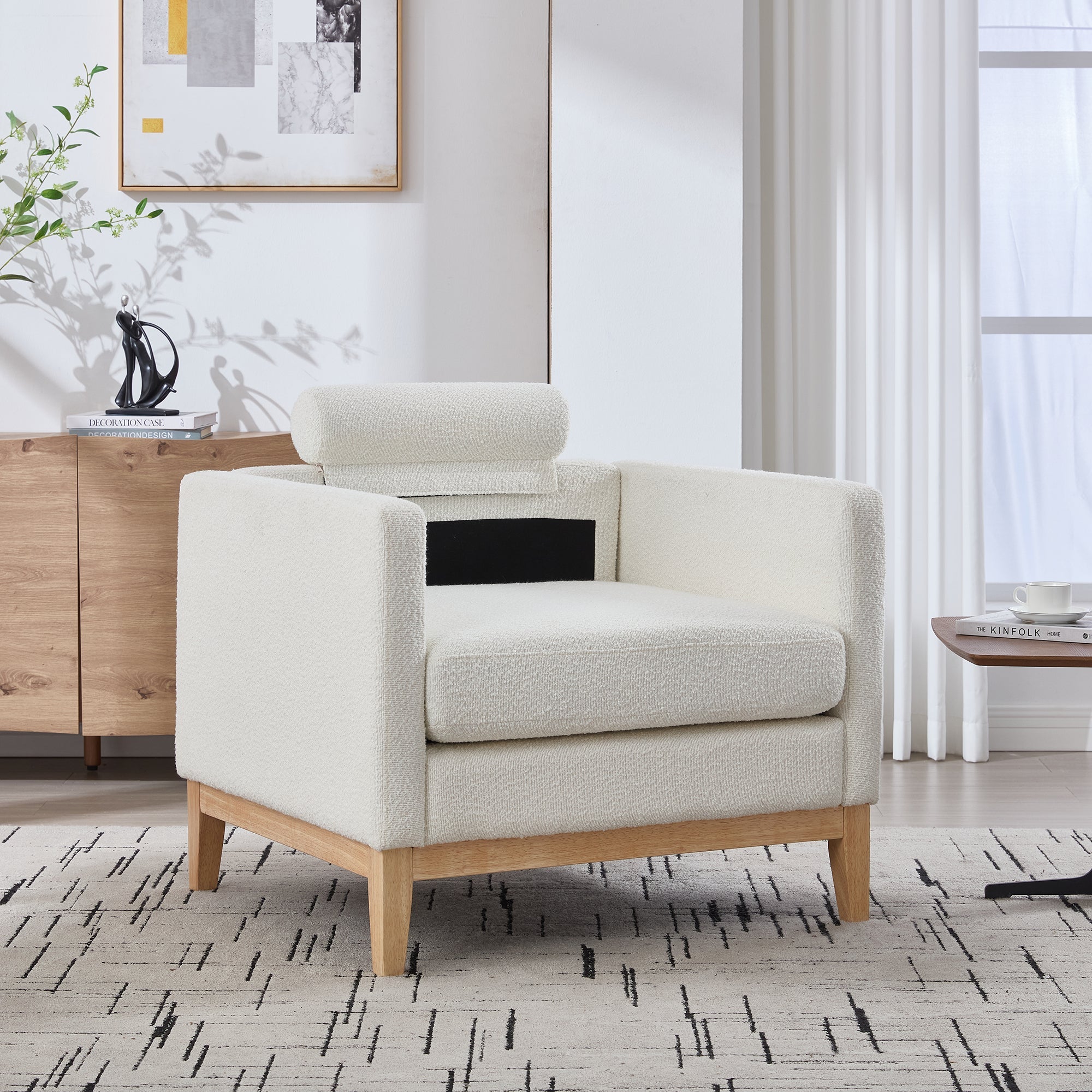 Wide Modern Farmhouse Performance Boucle Accent Chair with Natural Wood Legs and Two Bolster Pillows