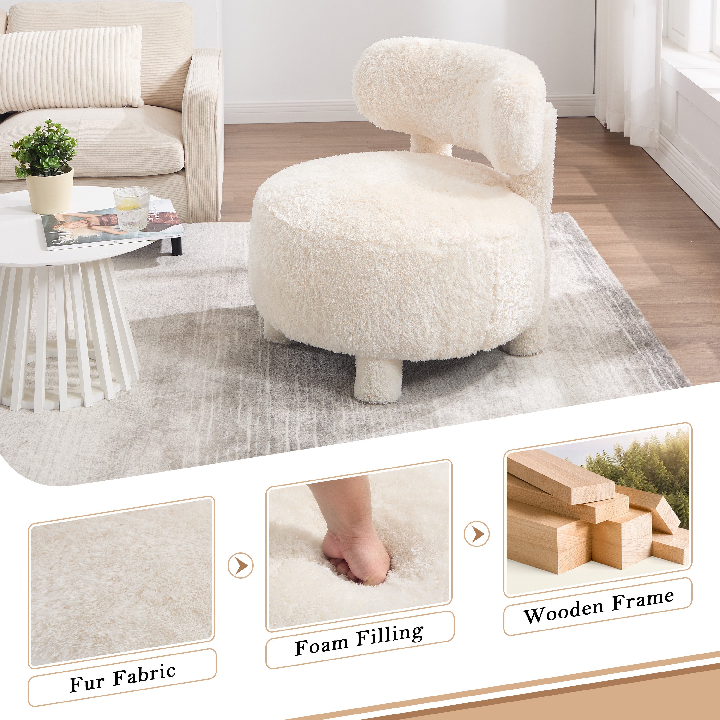 Fuzzy Armless Accent Chair with Curved Backrest and Solid Wooden Legs