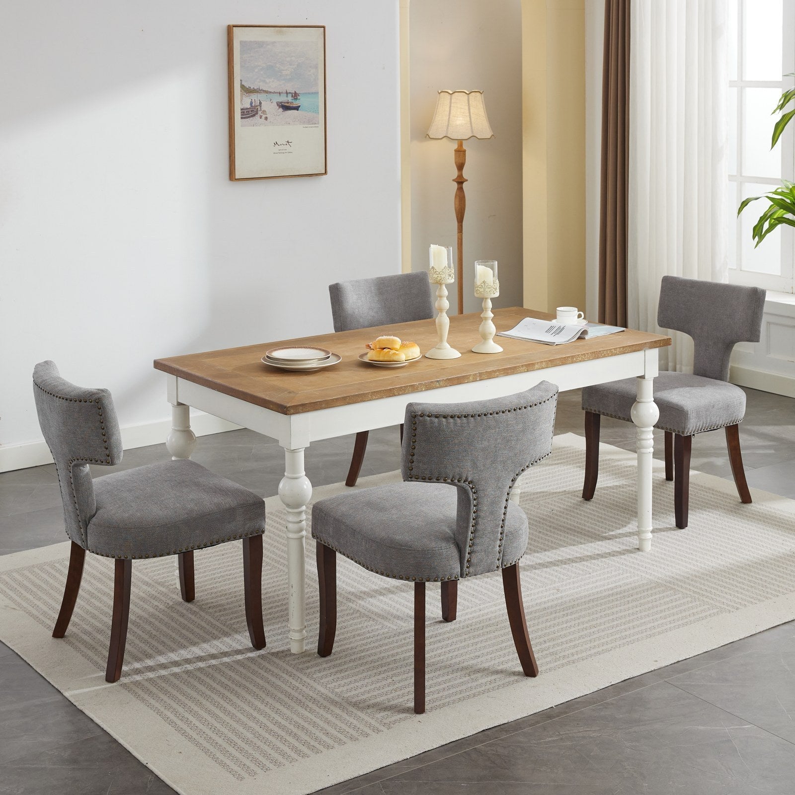 Mid Century Modern T-Back Dining Chairs with Nailhead Trim, Set of 2