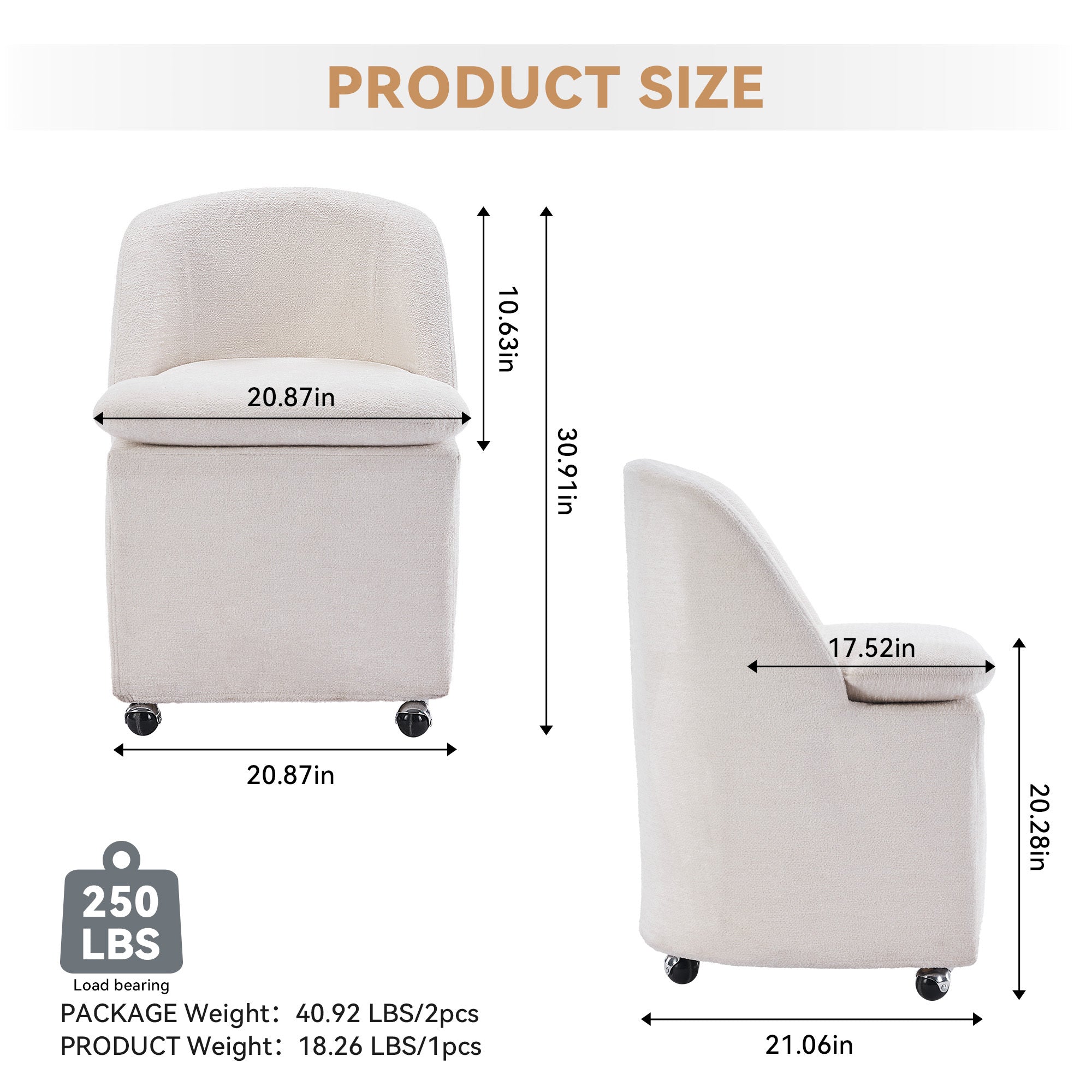Greymont Chenille Upholstered Armless Dining Chairs With Wheels, Set of 2