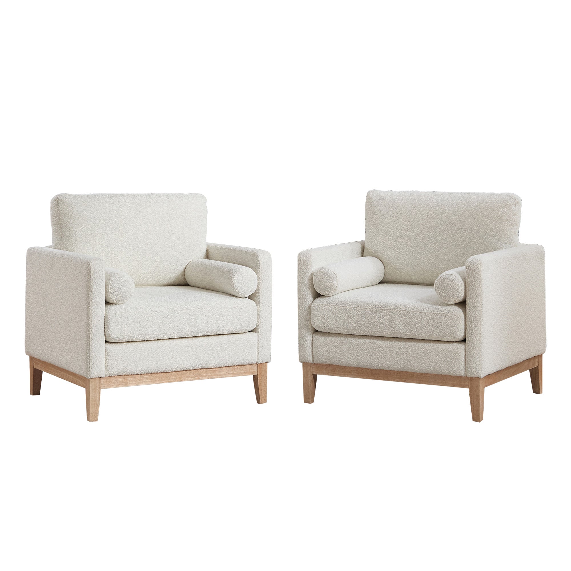 Wide Modern Farmhouse Performance Boucle Accent Chair with Natural Wood Legs and Two Bolster Pillows