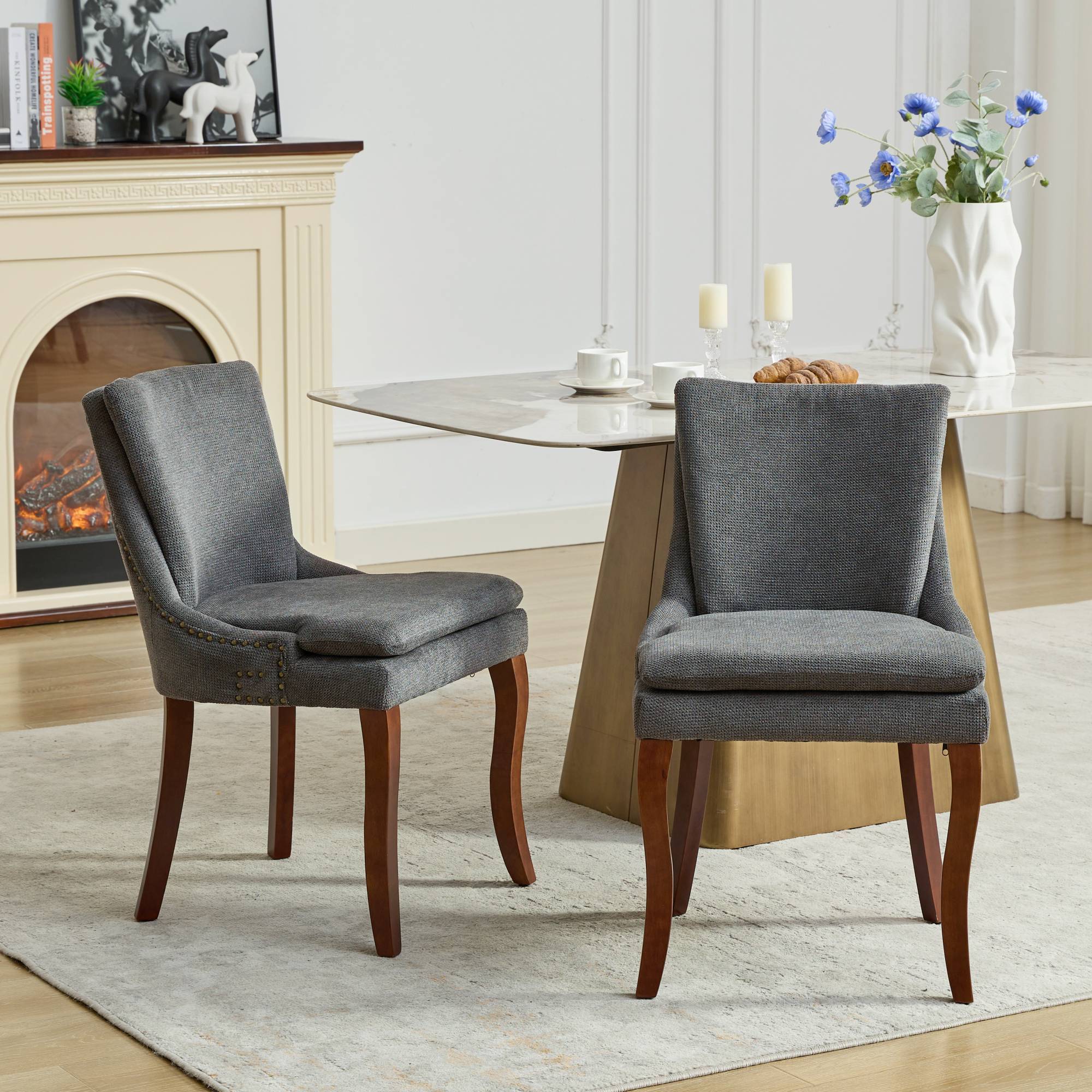 ChenilleUpholstered Dining Chairs with Curved Solid Wood Legs, Set of 2