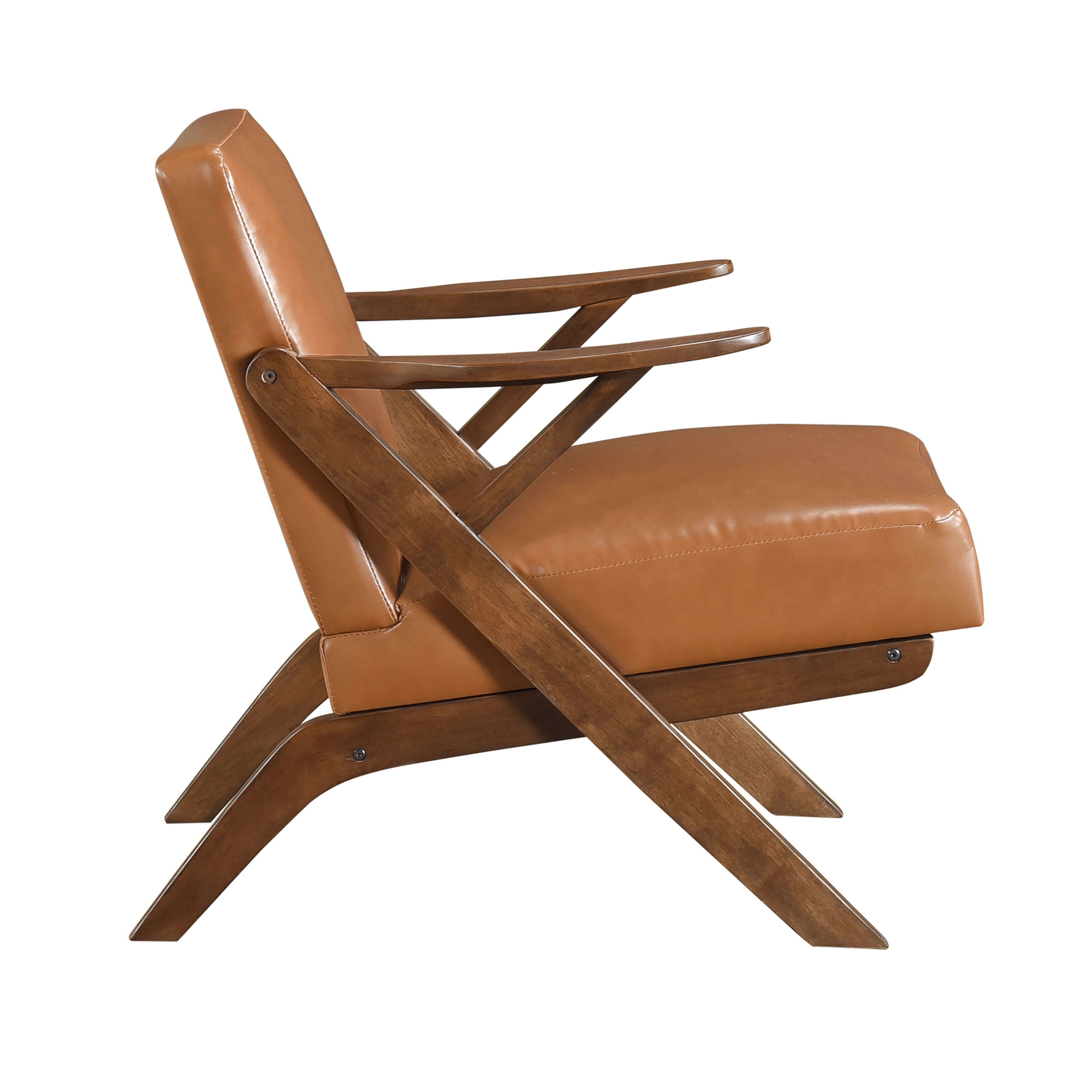 Solid Rubberwood Frame Accent Chair with Brown Faux Leather Upholstery