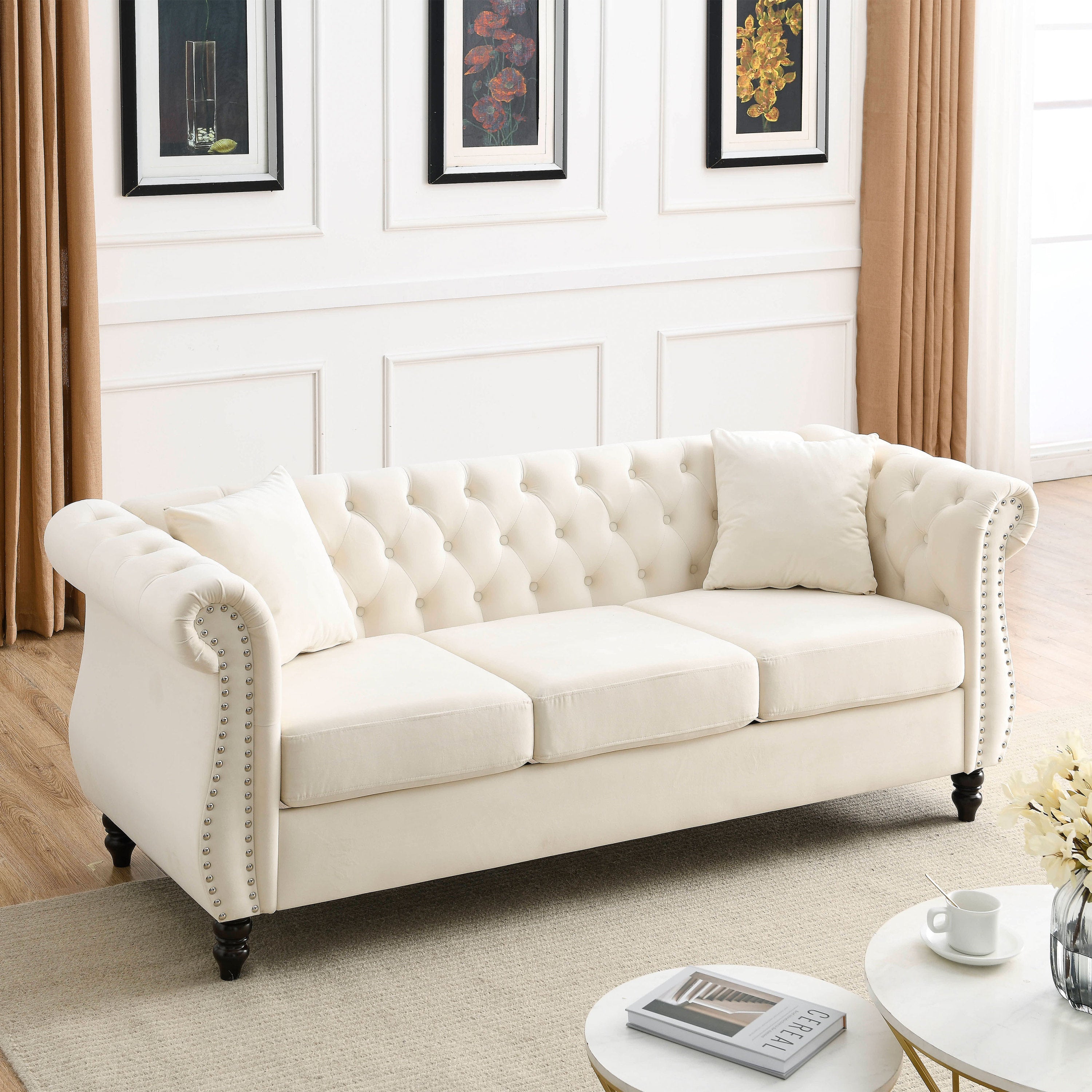 Nailhead Velvet Chesterfield 3-Seater Sofa