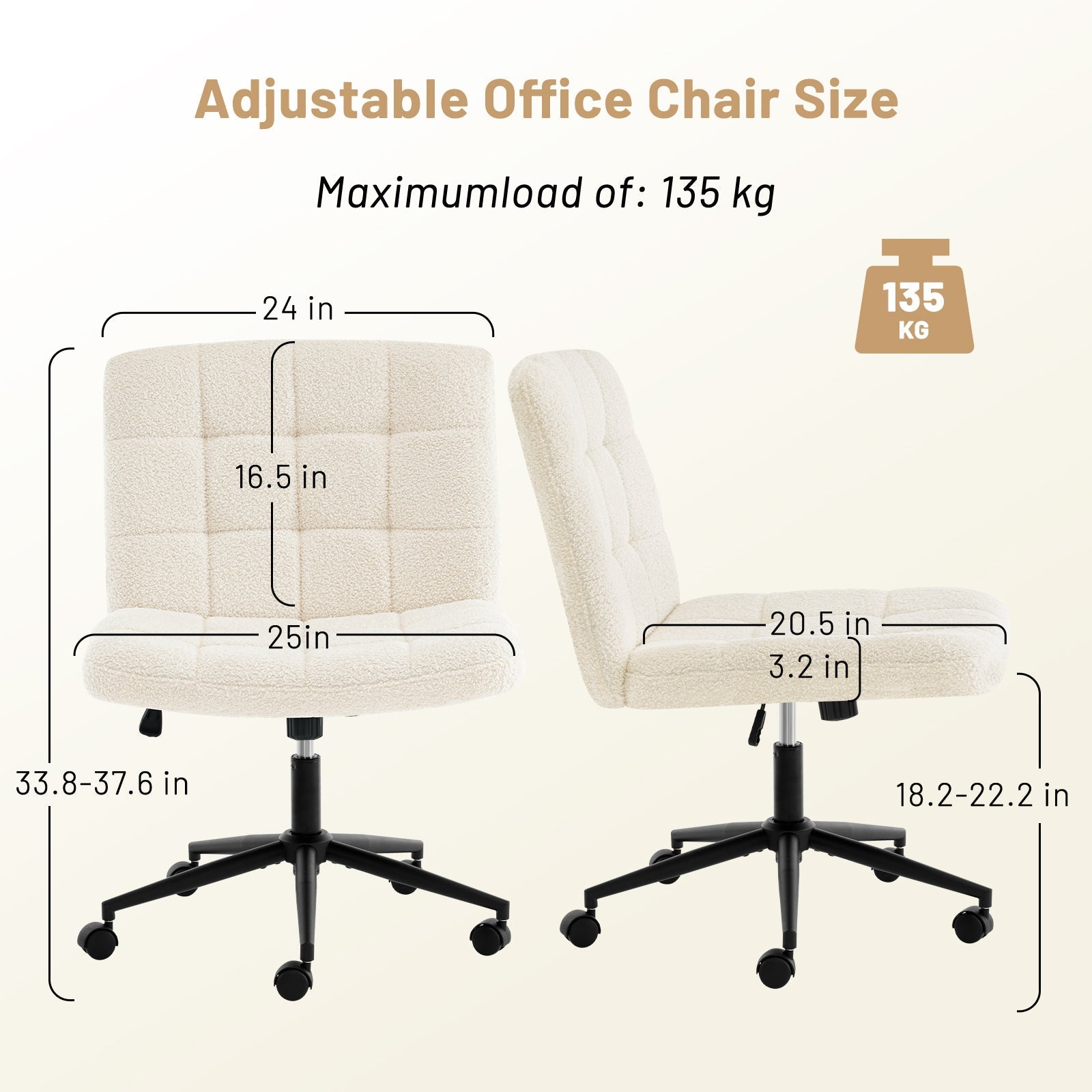 Desk Chair with Wheels, Armless Desk Chair, Adjustable Height 360° Rolling Swivel