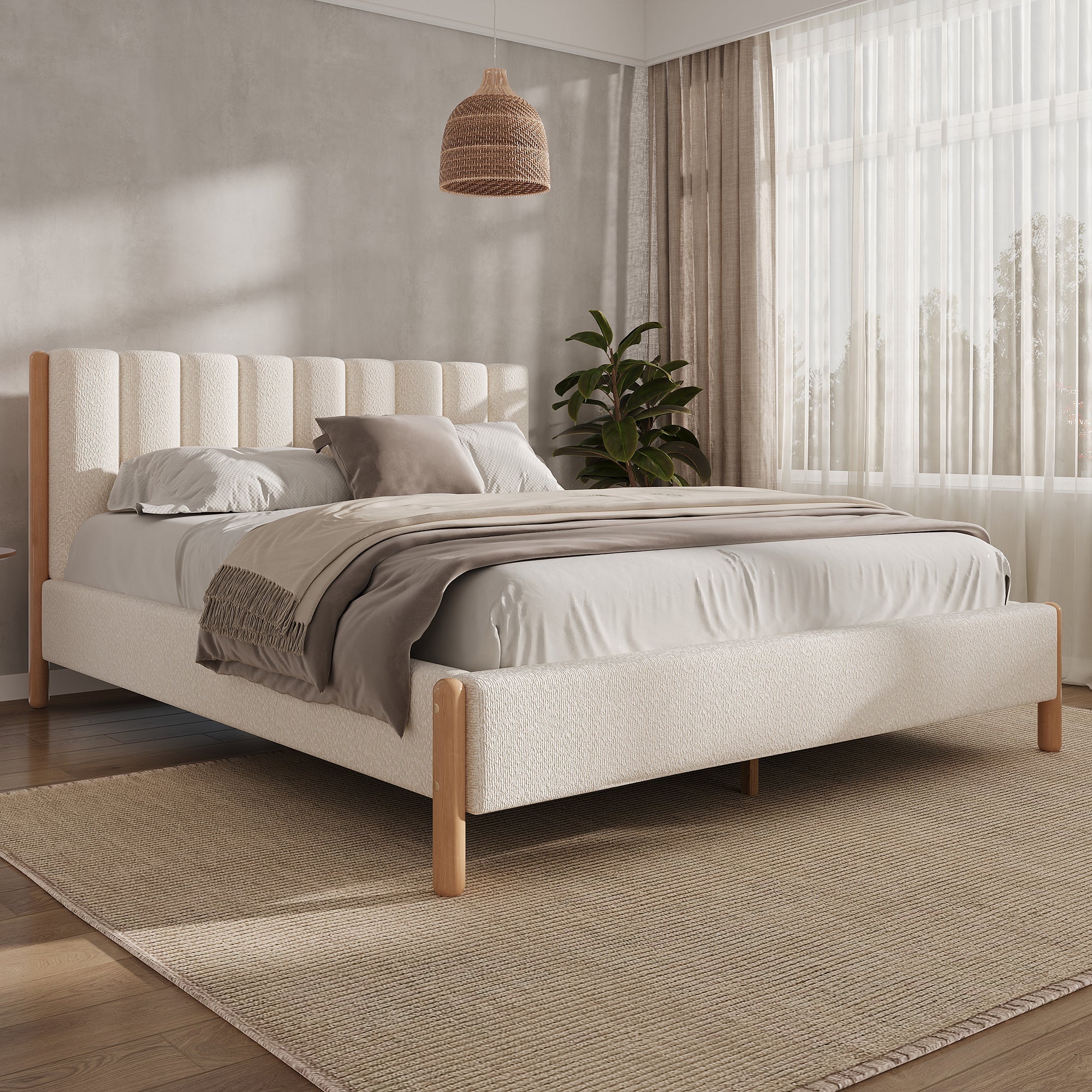 Boucle Upholstered Headboard Bed