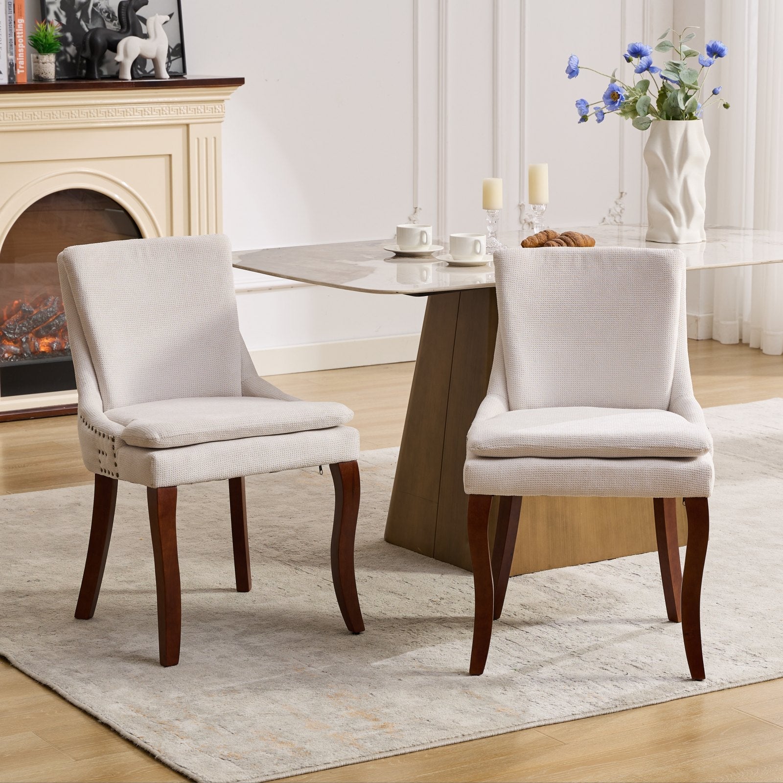 ChenilleUpholstered Dining Chairs with Curved Solid Wood Legs, Set of 2