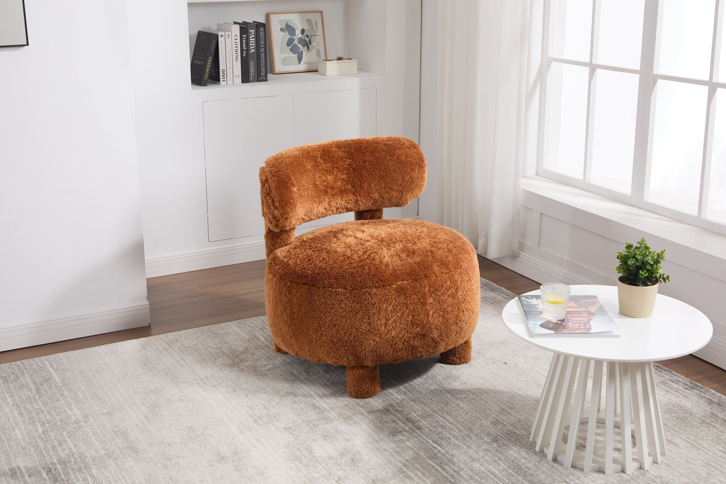 Fuzzy Armless Accent Chair with Curved Backrest and Solid Wooden Legs