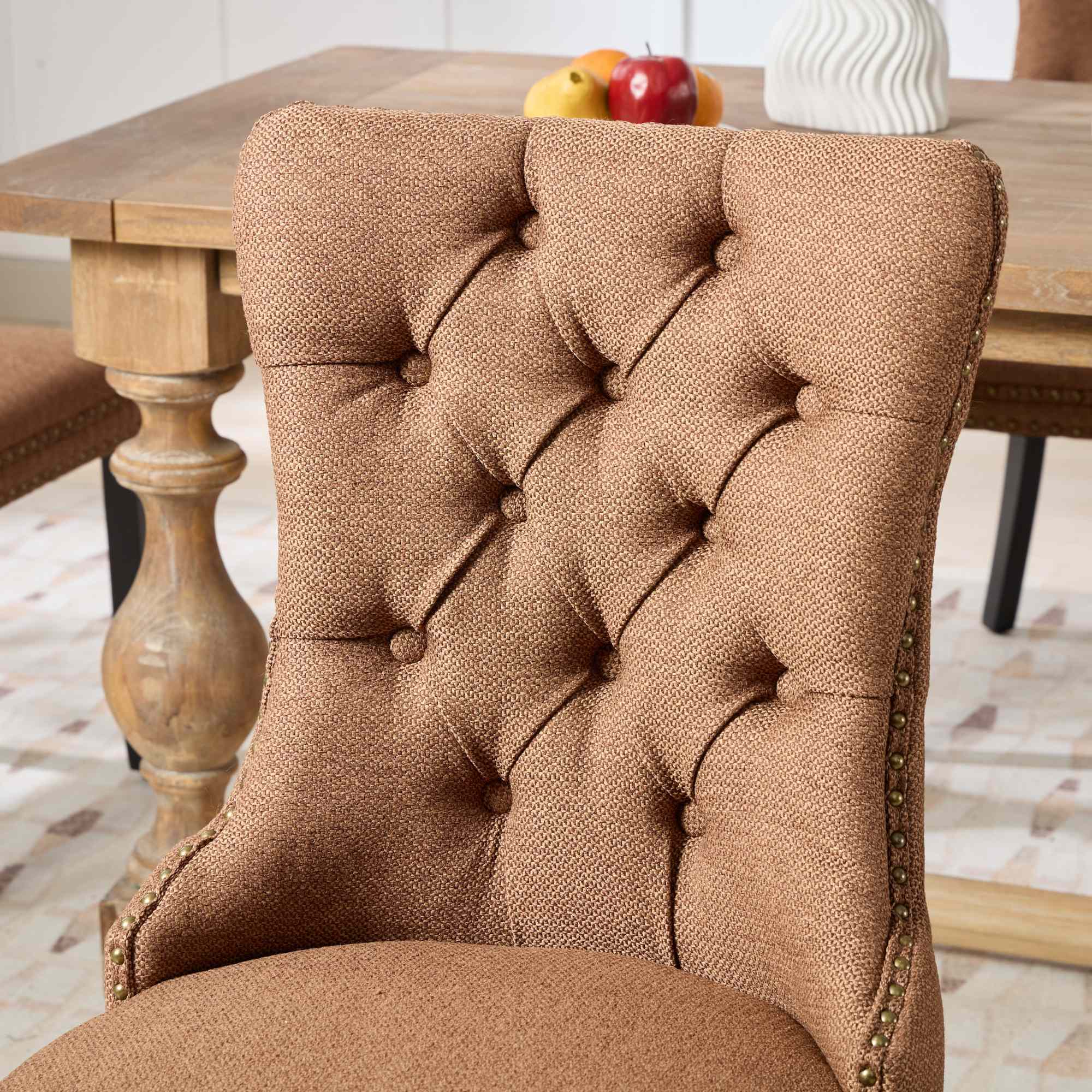 Rosewick Modern Tufted Linen Nailhead Trim Solid Wood Upholstered Dining Chair with Black Legs, Set of 2