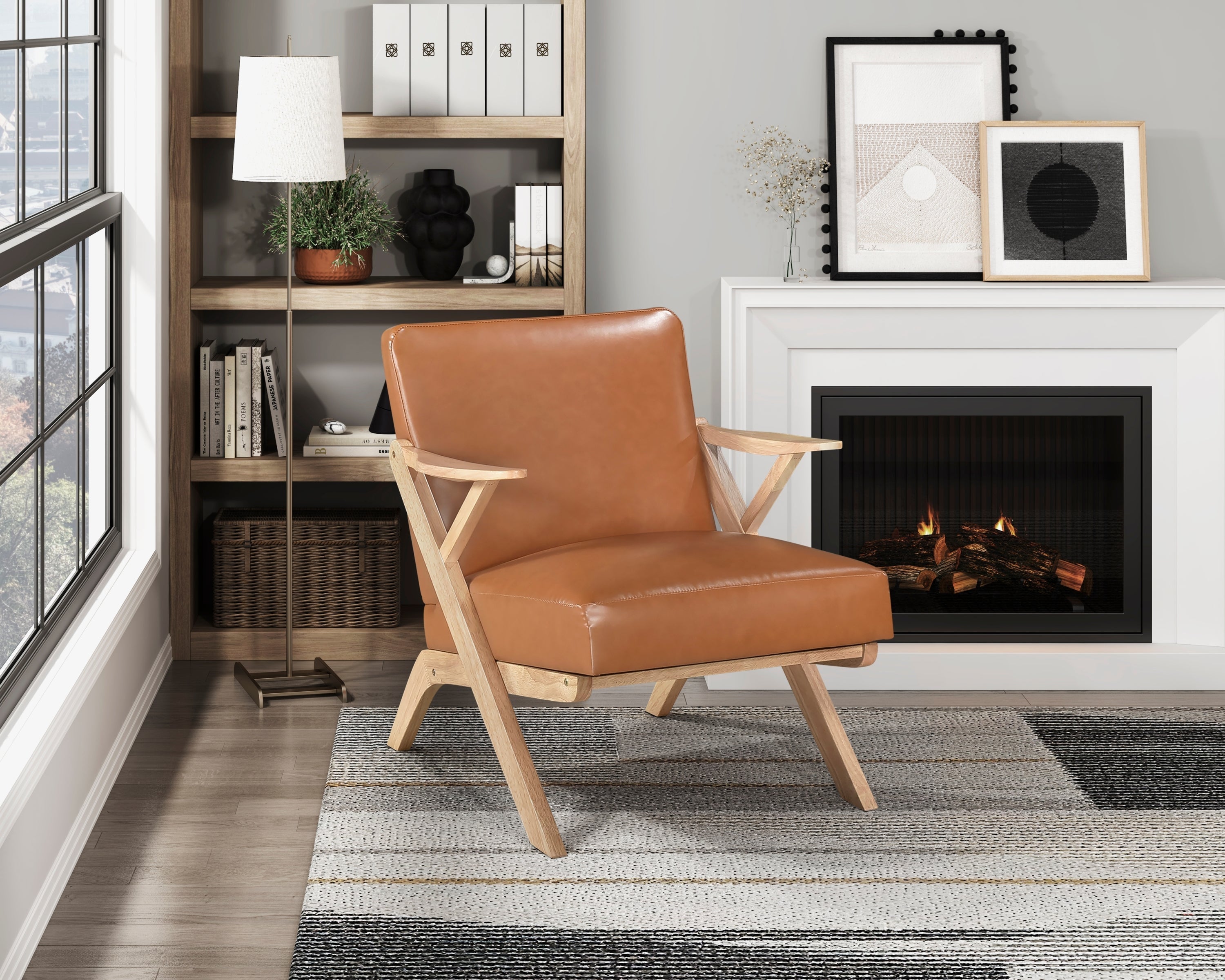 Solid Rubberwood Frame Accent Chair with Brown Faux Leather Upholstery