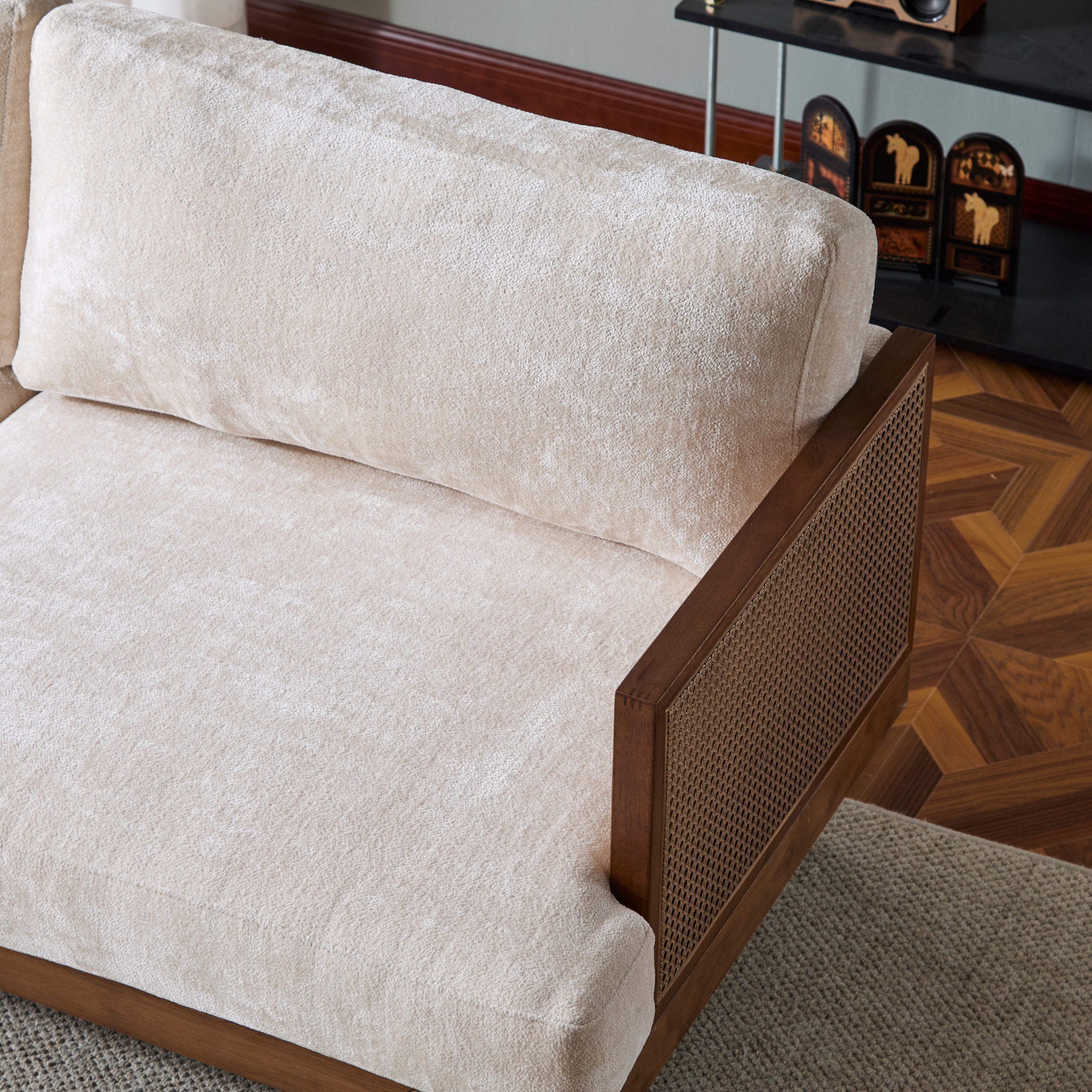 Square Arm 3-Seater Sofa with Cane Rattan and Wooden Frame