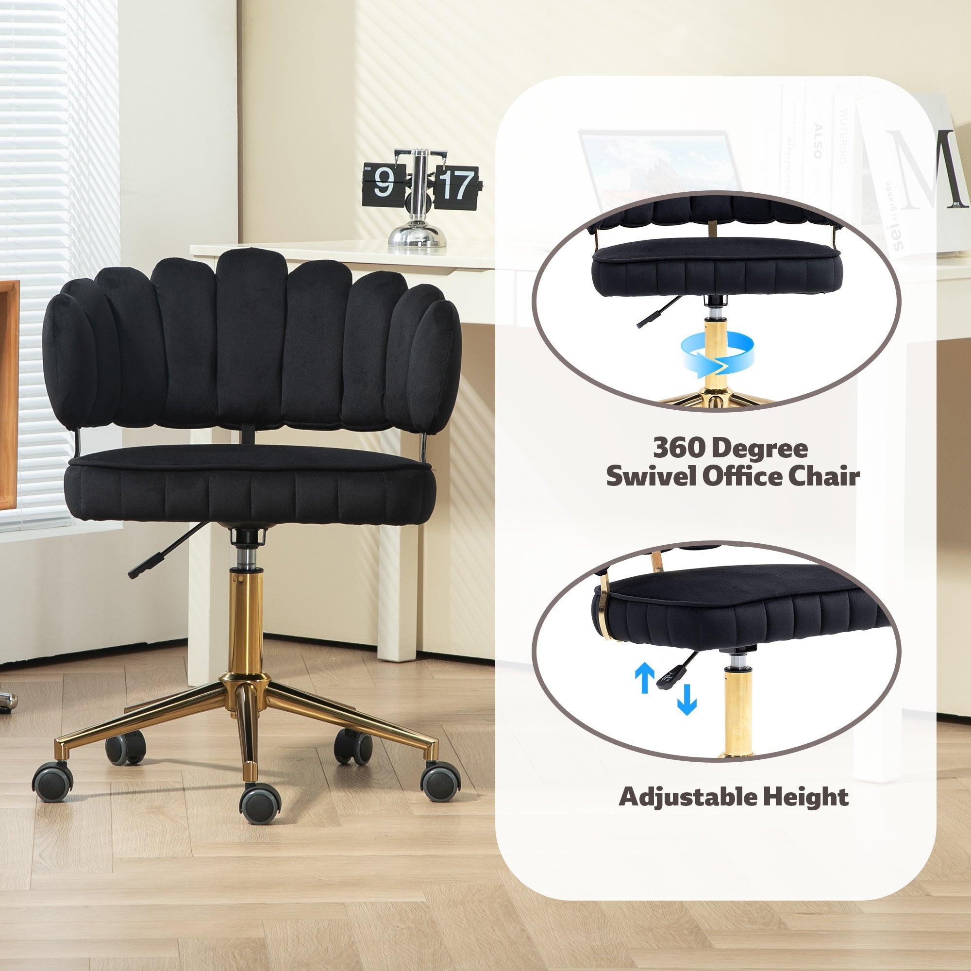 Modern Velvet Home Office Desk Chair with Adjustable Height and Swivel Wheels