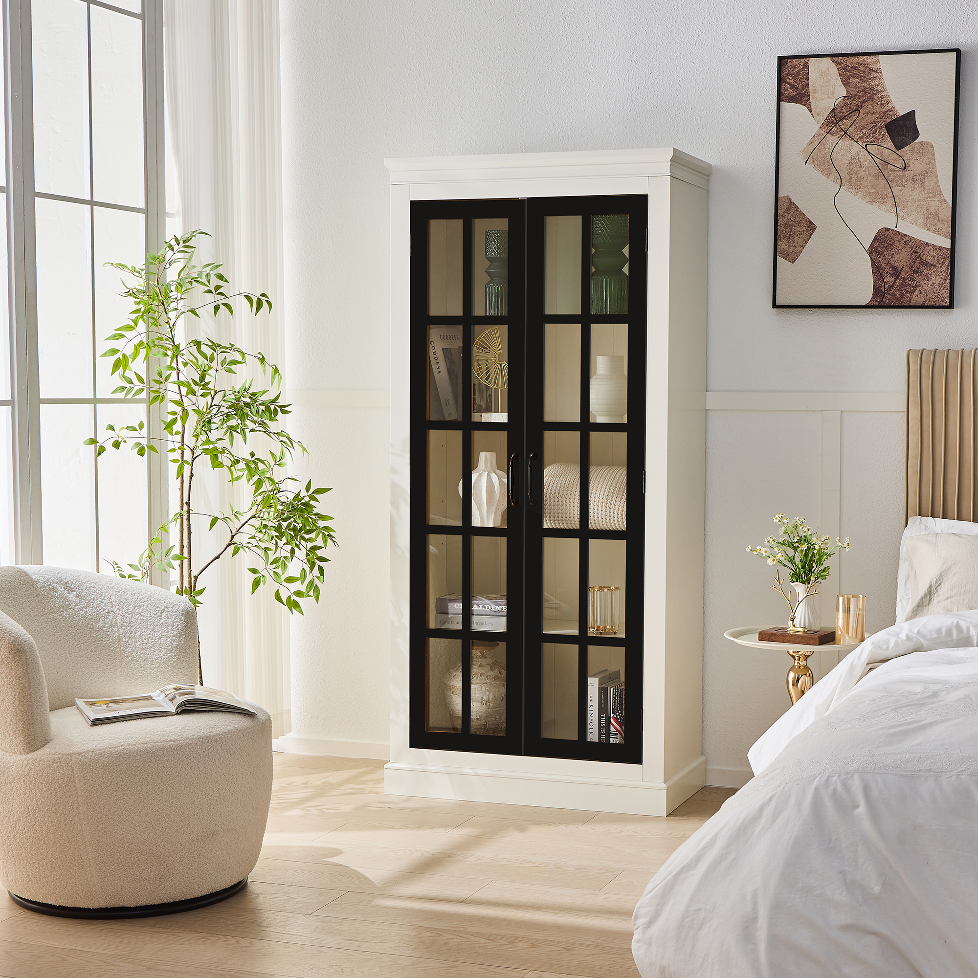 Rustic Style Display Cabinet with Glass Doors