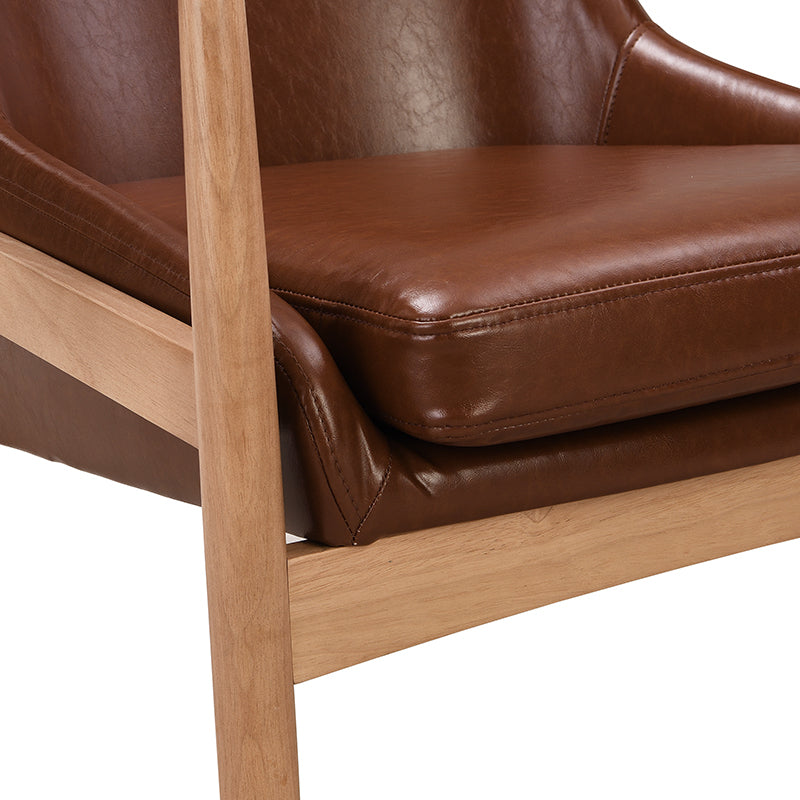 Brown Faux Leather Mid-Century Modern Armchair with Solid Wood Frame, Set of 2