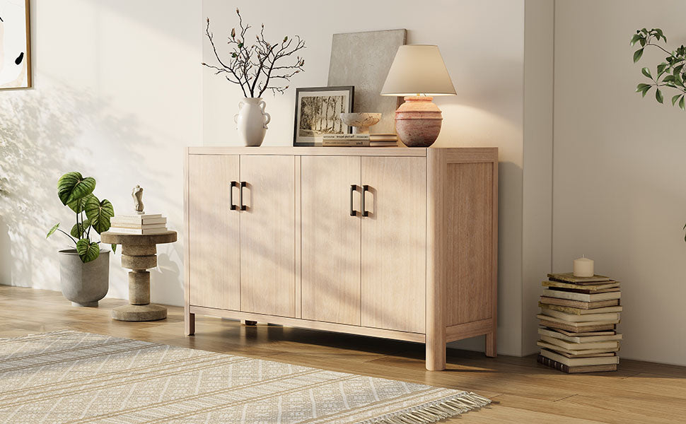 Farmhouse Style 4-Door Cabinet with Natural Distressed Finish