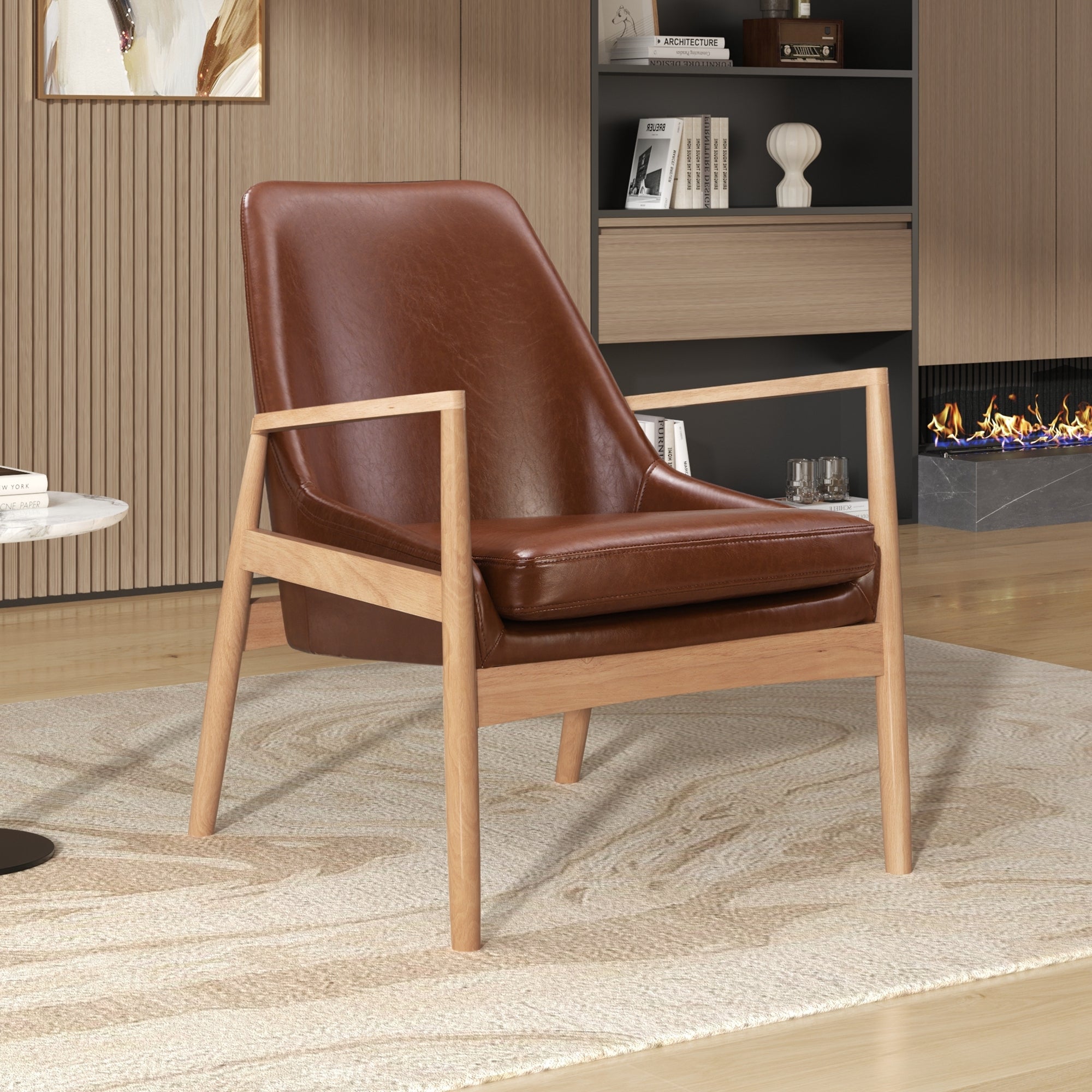 Faux Leather Mid-Century Modern Armchair with Solid Wood Frame