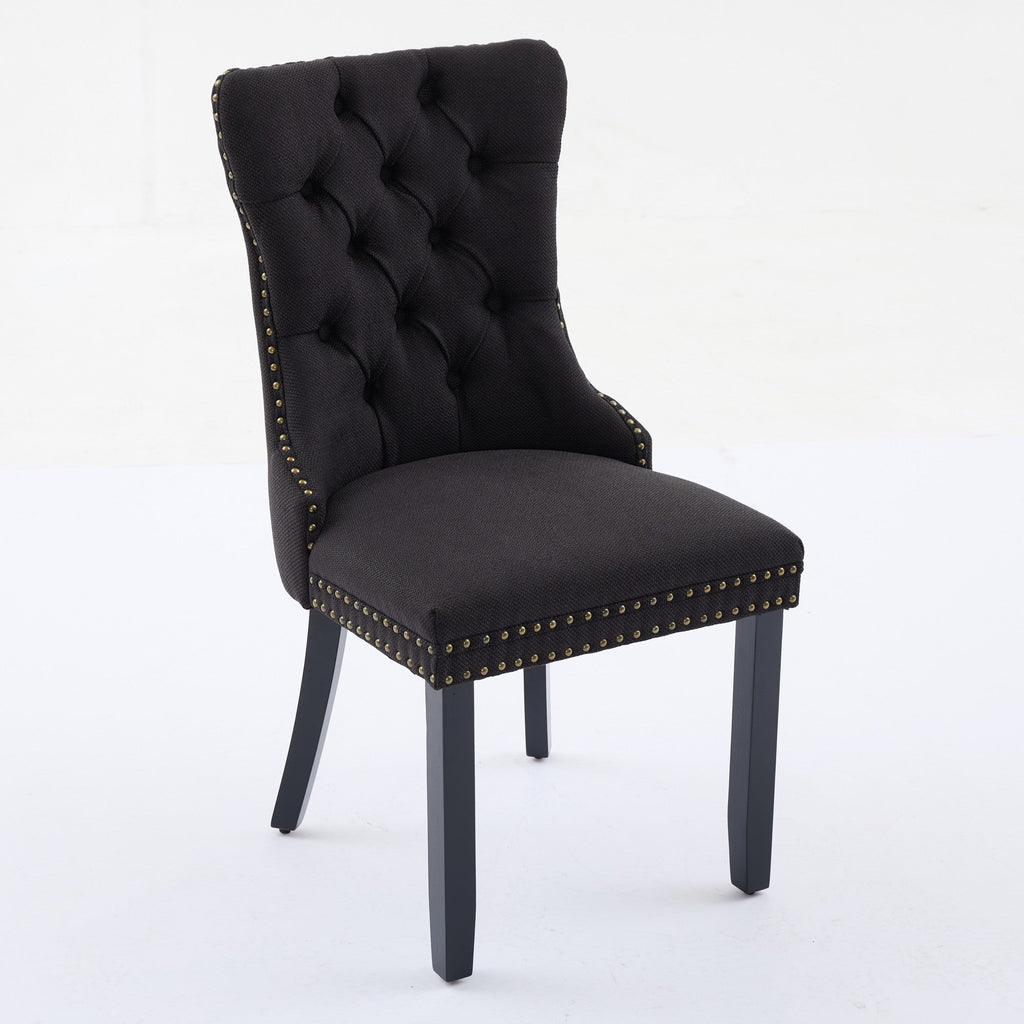 Rosewick Modern Tufted Linen Nailhead Trim Solid Wood Upholstered Dining Chair with Black Legs, Set of 2