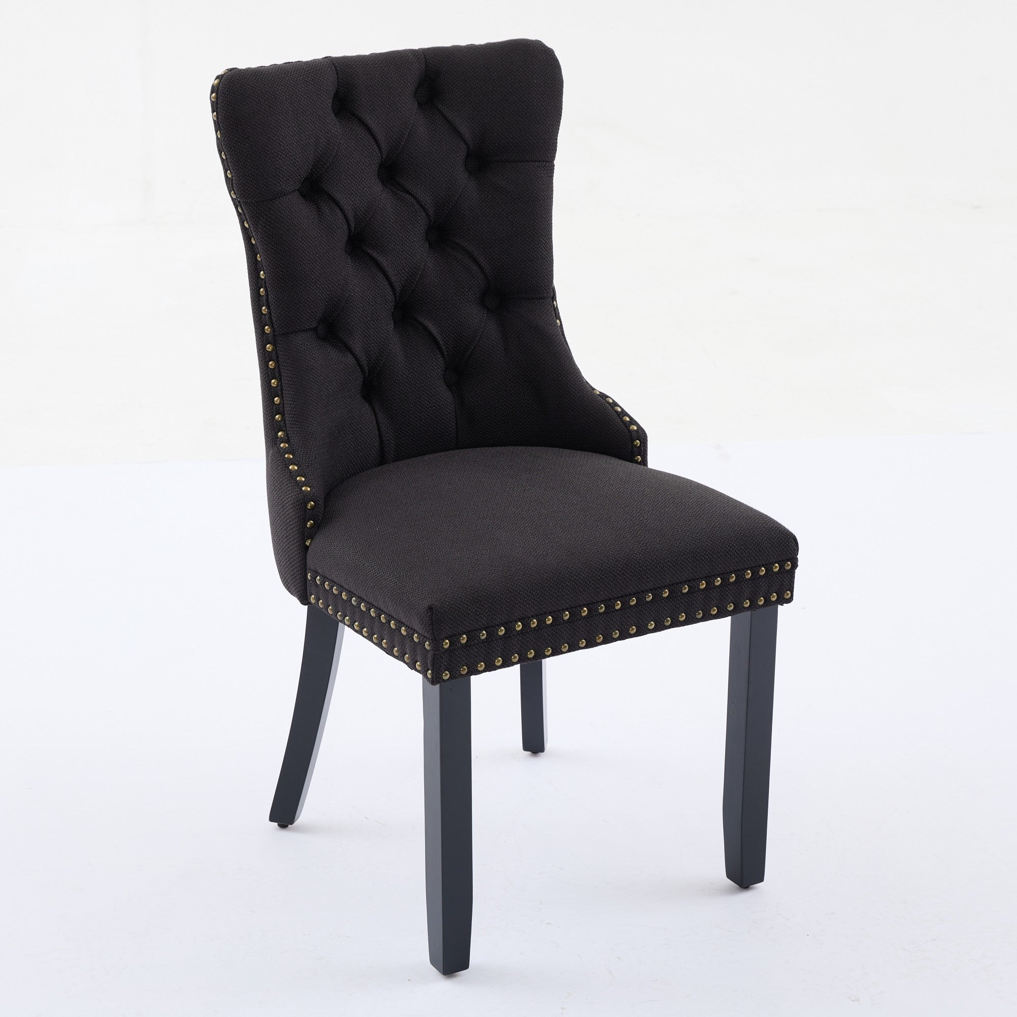 Rosewick Modern Tufted Linen Nailhead Trim Solid Wood Upholstered Dining Chair with Black Legs, Set of 2