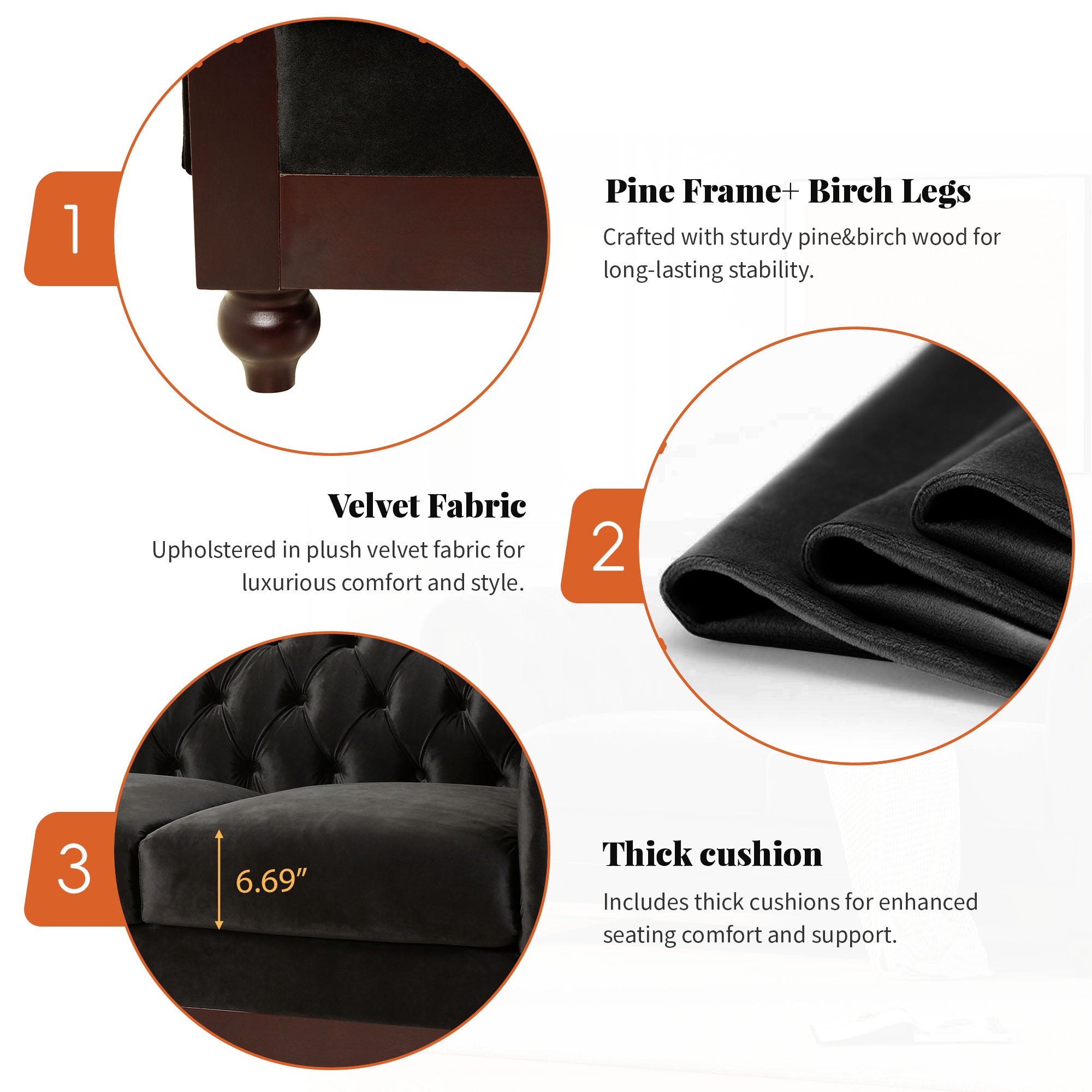 Velvet Rolled Arm Chesterfield Loveseat
