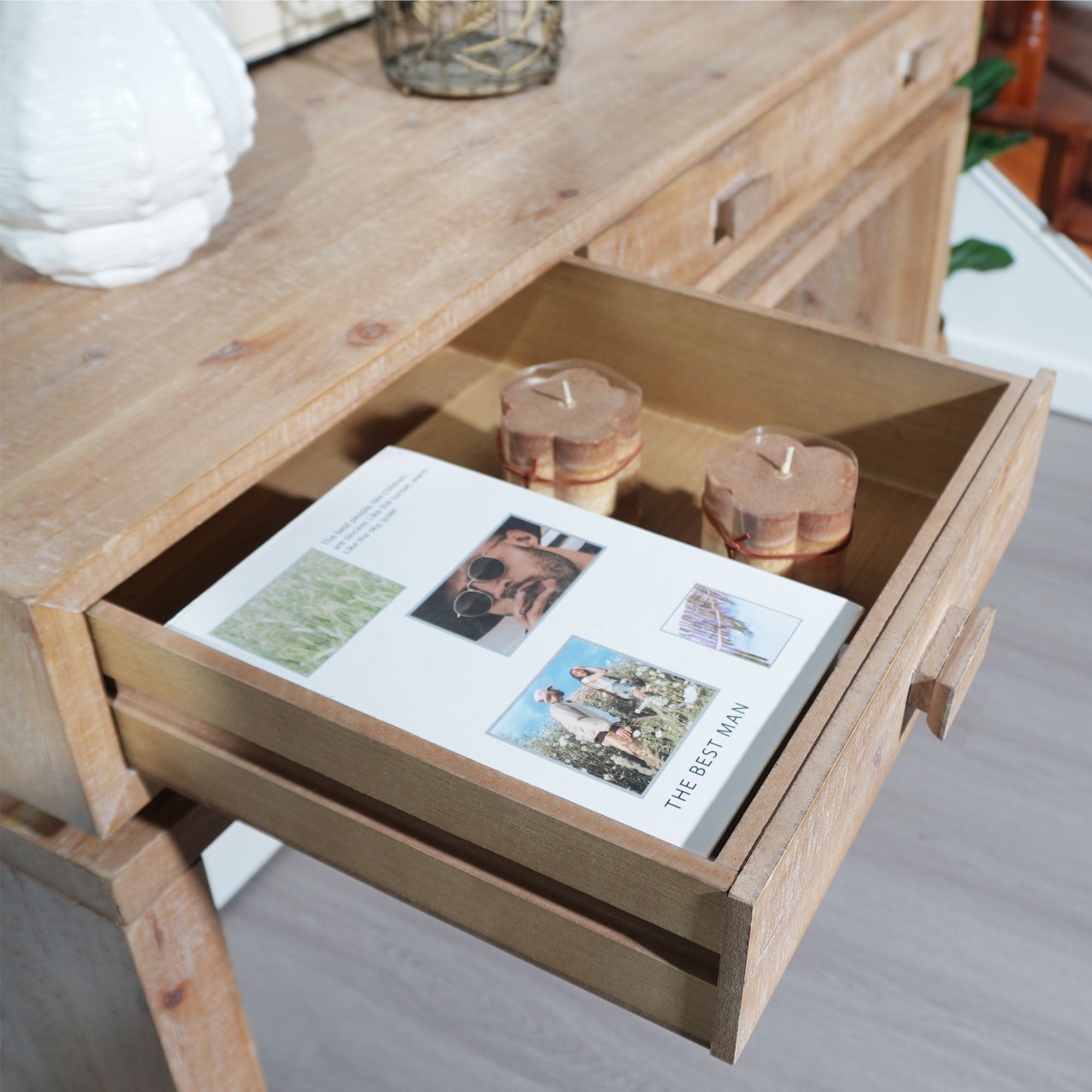 Rustic Natural & Light Brown Finish Wood Console Table with 3 Drawers