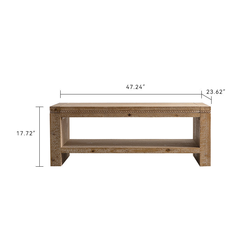 Large 2-Tier Rustic Coffee Table with Storage Shelf and Carved Detail