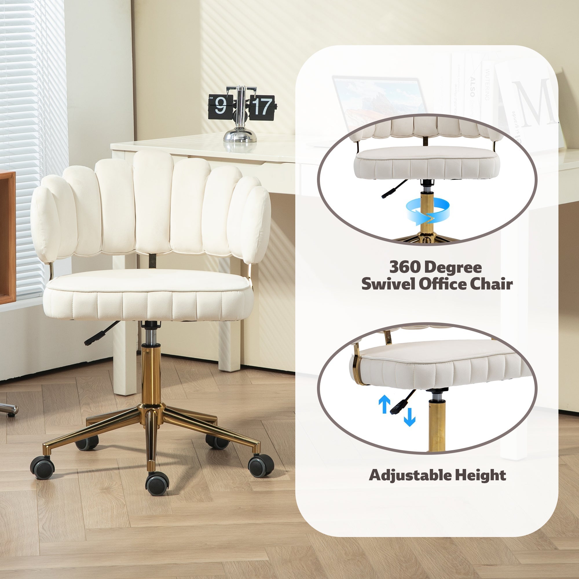 Modern Velvet Home Office Desk Chair with Adjustable Height and Swivel Wheels