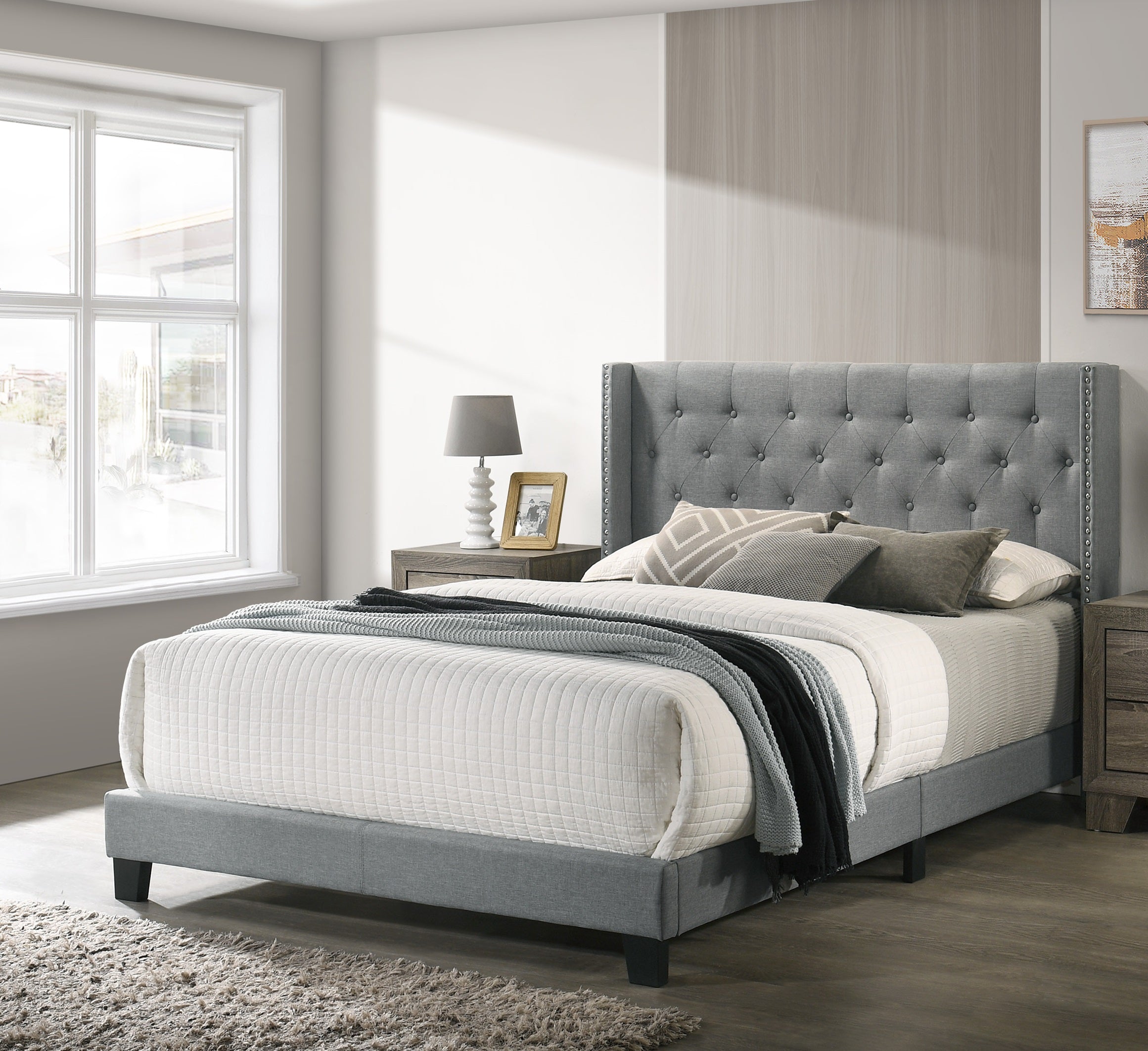 Button-Tufted Wingback Fabric Bed