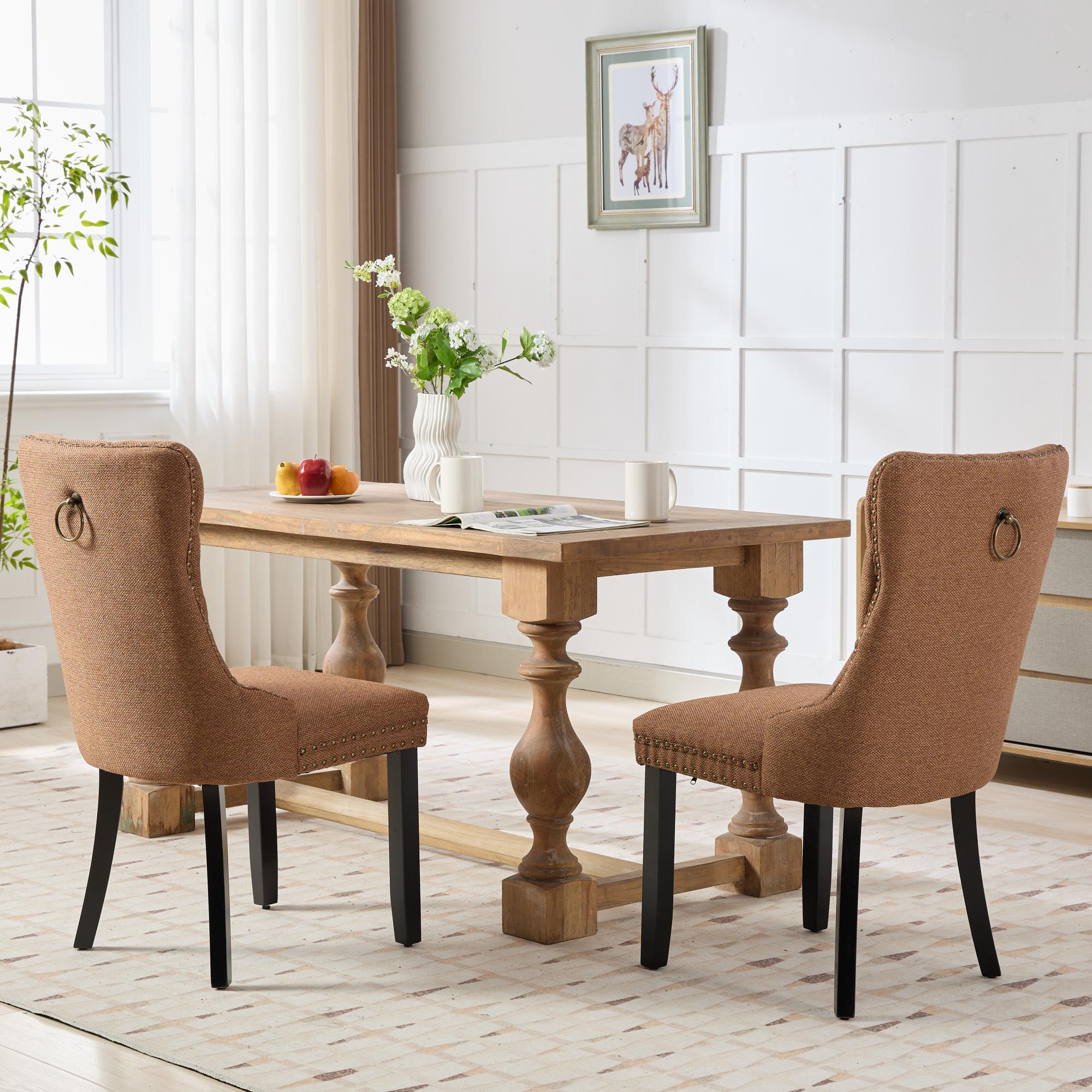 Rosewick Modern Tufted Linen Nailhead Trim Solid Wood Upholstered Dining Chair with Black Legs, Set of 2