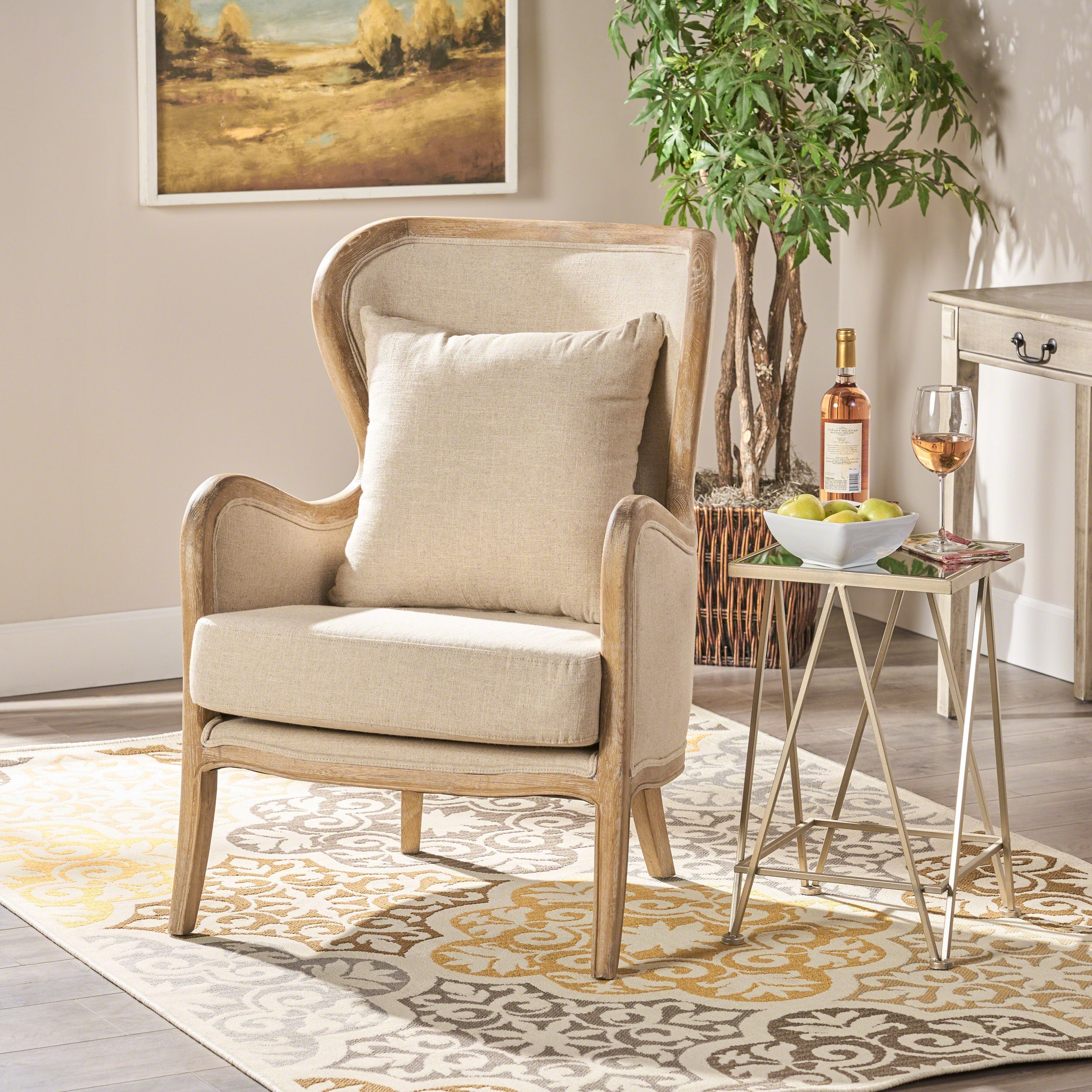 Crenshaw Beige Fabric Wing Arm Chair with Oak Frame and High Back